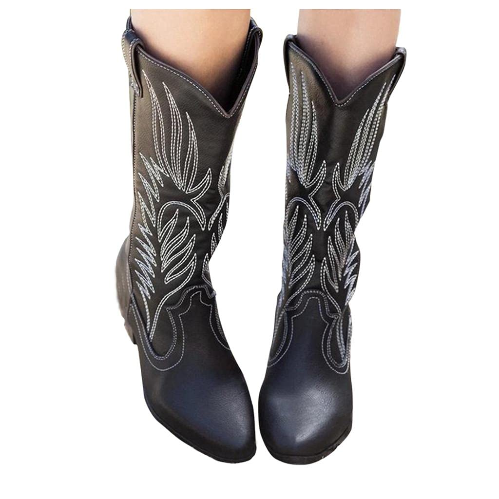 **Women's Western Cowboy Boots - Embroidered Pull-On Work Boots with Chunky Block Heel & Mid Wide Calf | Fashionable & Comfortable for Riding, Rodeo, and Casual Wear**