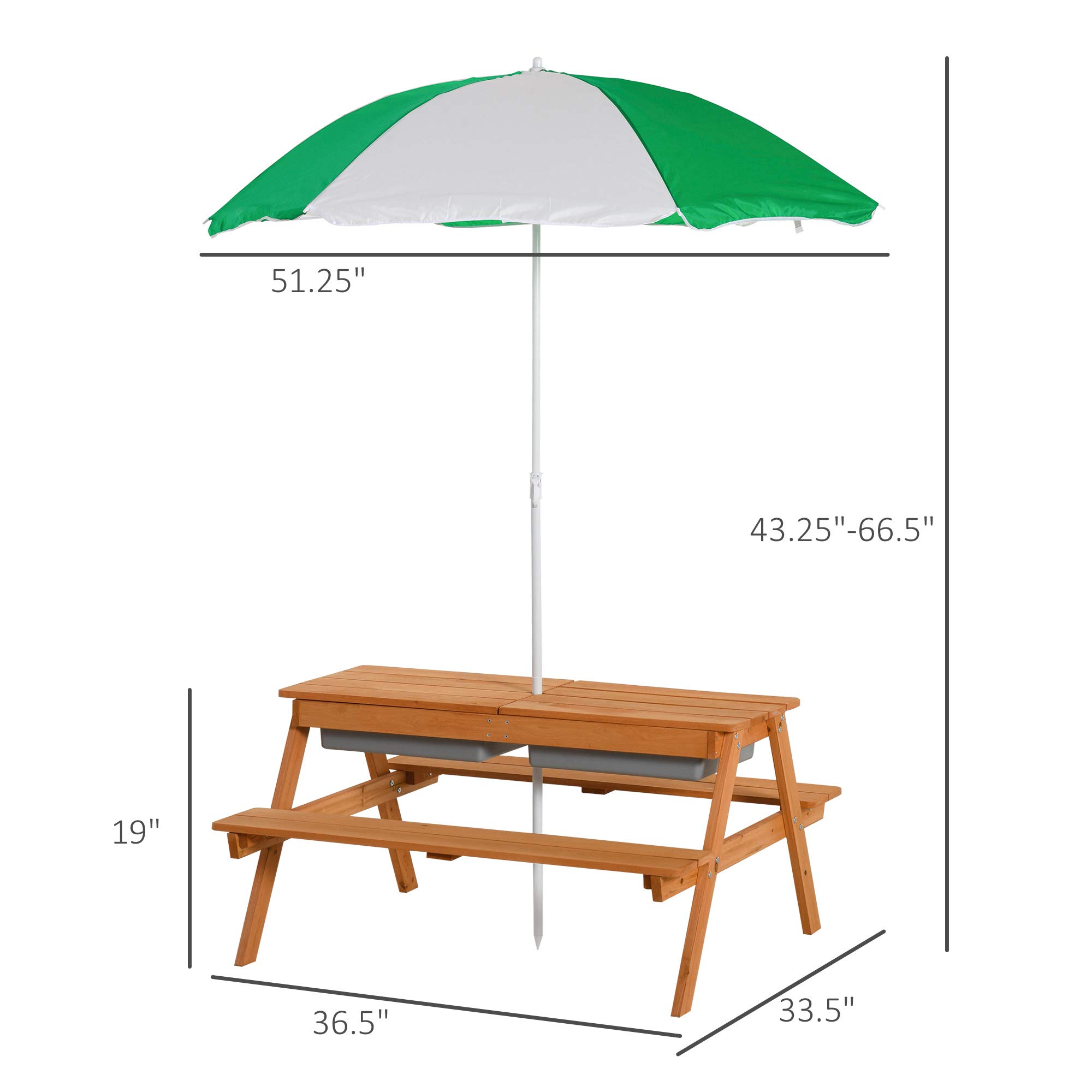 Outsunny Kids Picnic Table with Umbrella & Storage - Sand & Water Play Table - Wooden Outdoor Bench for Garden, Patio, Balcony - Perfect for Backyard Playdates & Summer Activities