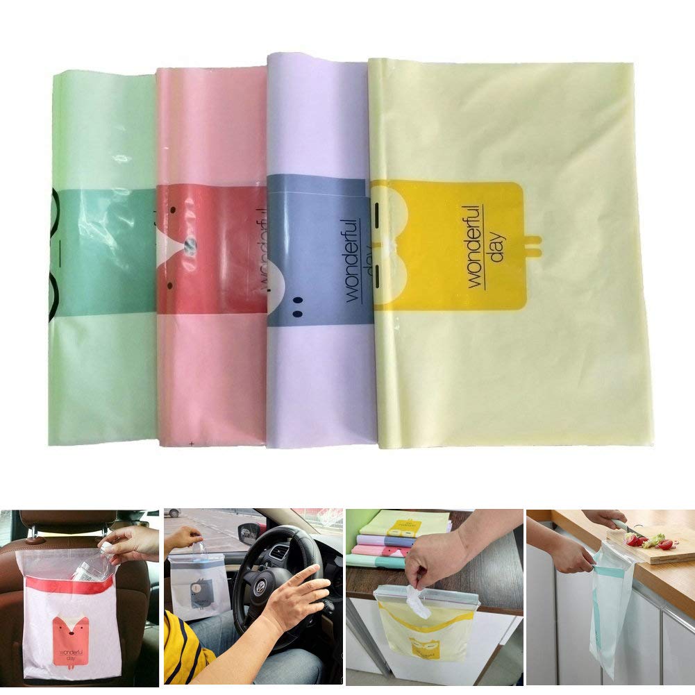 Portable Car Trash Bag with Adhesive Back - Leakproof Vomit & Waste Disposal Bags for Vehicles, Office, Nursery, Study & Kitchen - 4 Color Options | Ideal for Road Trips, Baby Care & Home Organization
