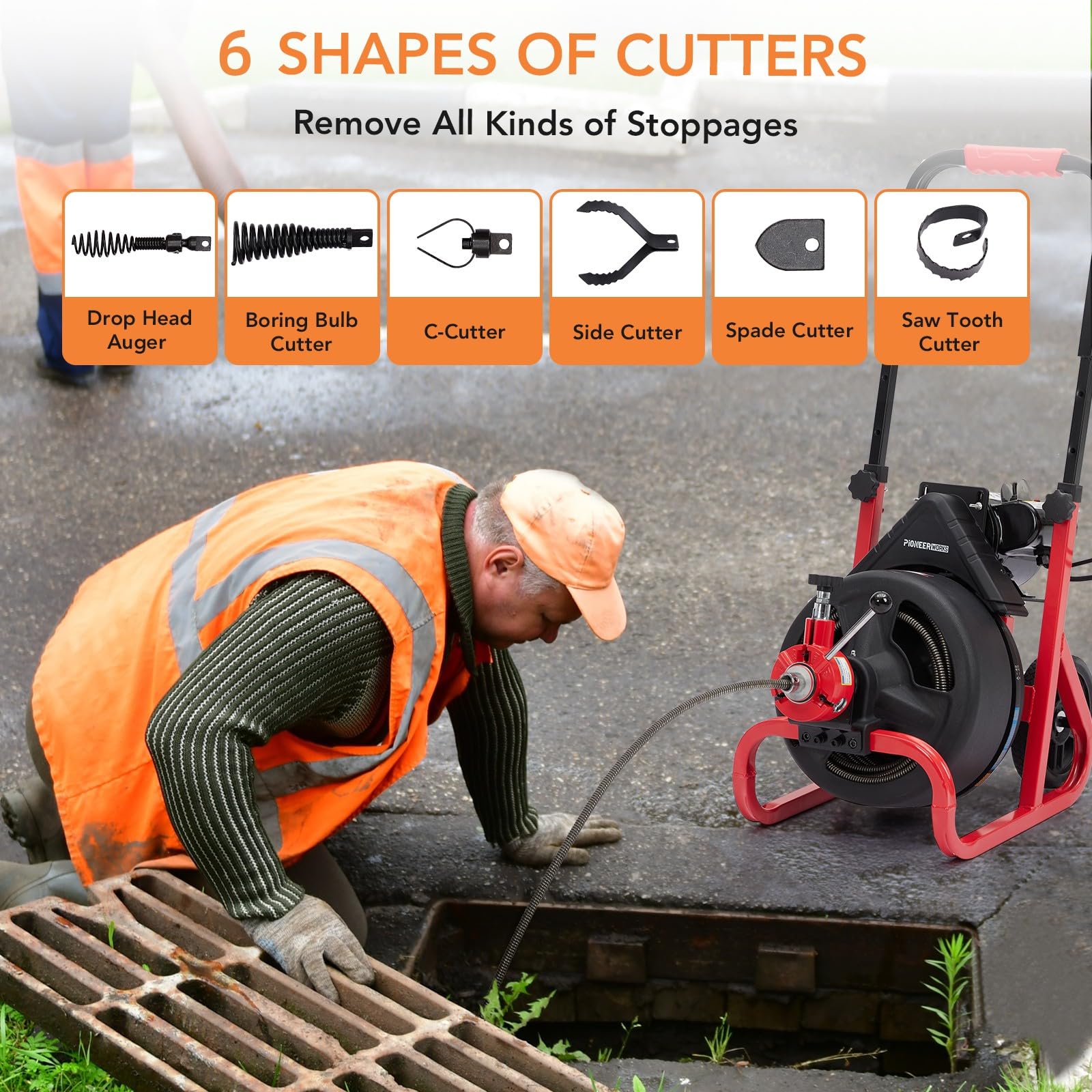 PioneerWorks 75Ft x 1/2 Inch Professional Electric Drain Auger Cleaner Machine - Auto-Feed Sewer Snake for 2 to 4 Inch Pipes with 6 Cutters & Gloves - Perfect for Clogged Sinks, Showers, Bathtubs, and Toilet Drain Cleaning
