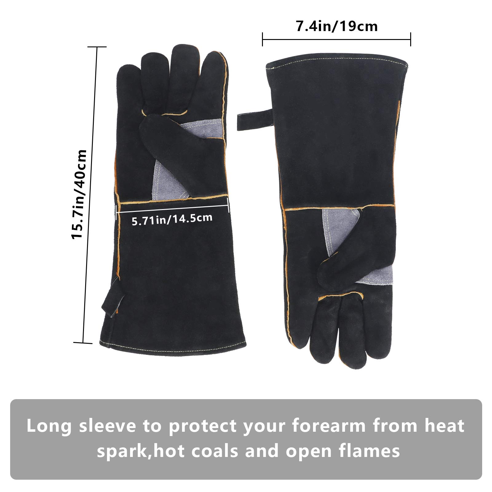 Heat & Fire Resistant Leather Gloves with Kevlar Stitching - Black/Gray - Perfect for Fireplace, Stove, Oven, Grill, Welding, BBQ, MIG, Pot Holders & Animal Handling - Ideal for Cooking, Metalworking & Outdoor Activities