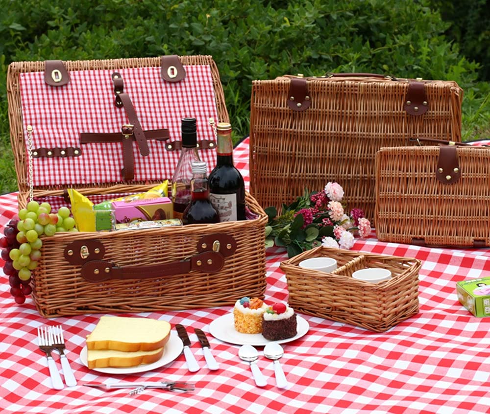 Handmade Willow Picnic Basket Set for 2 - Woven Wicker Camping & Outdoor Picnic Basket with Lid - Perfect for Beach, Park, Romantic Dates and Picnic Parties