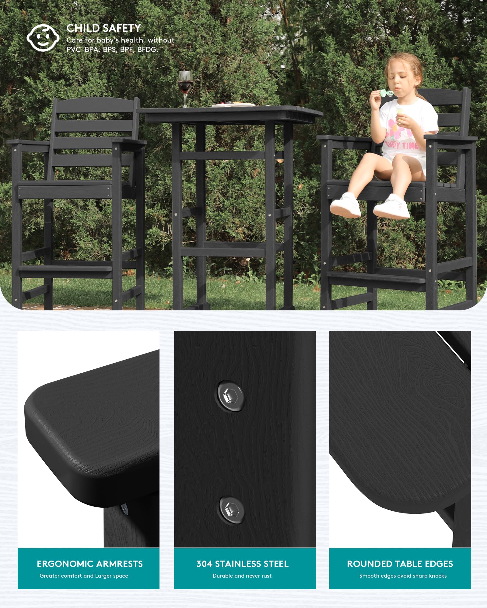 SERWALL 3-Piece Balcony Adirondack Chairs and Table Set - 2 Bar Height Chairs & Bar Table - Outdoor Patio Furniture for Bistro, Poolside, Backyard, Garden - Black - Perfect for Relaxing and Entertaining Outdoors