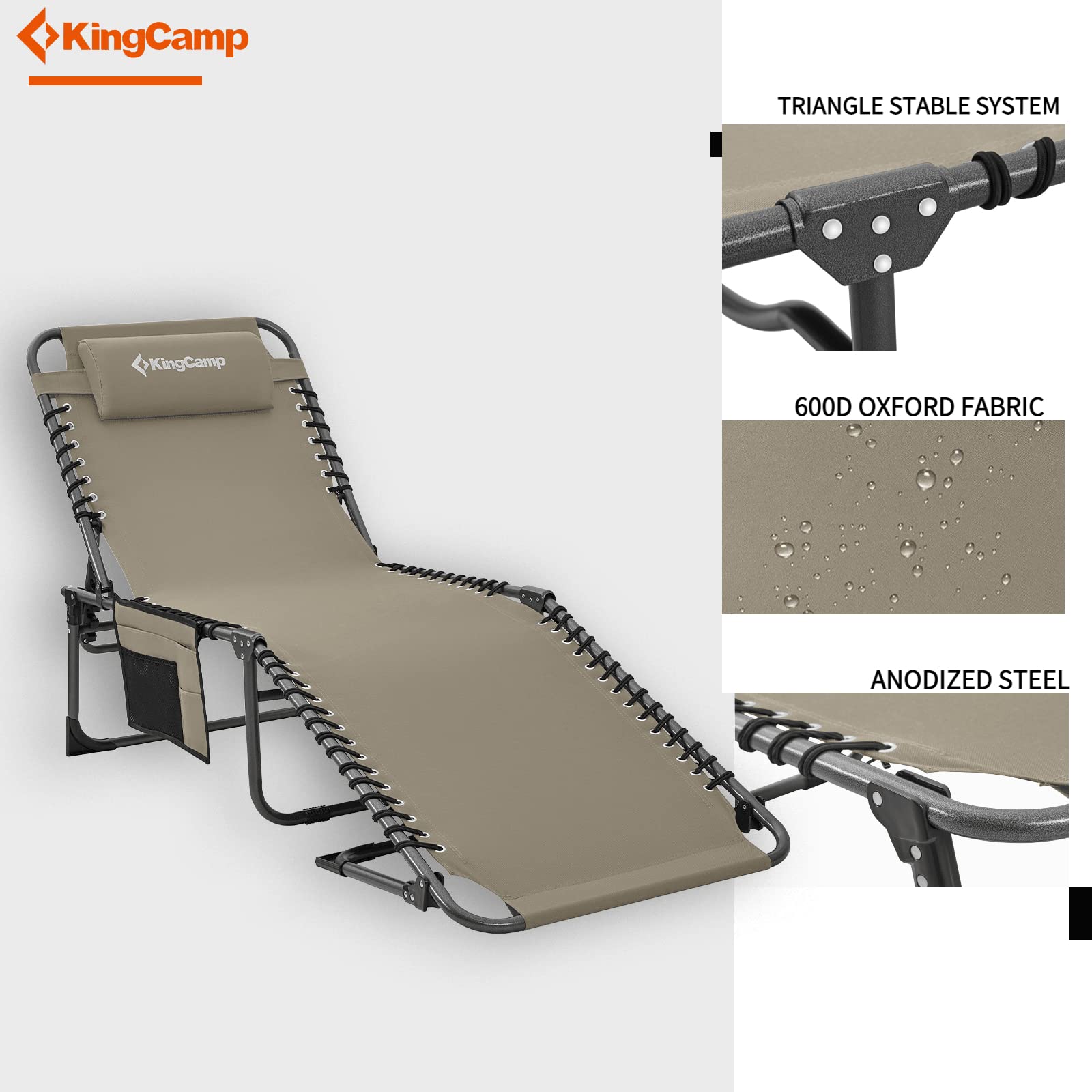 KingCamp Folding Adjustable Patio Chaise Lounge Chair for Outdoor, Pool, Beach, Sunbathing – Heavy Duty Portable Reclining Camping Cot with Pillow – Perfect for Backyard, Deck, Lawn, and Travel