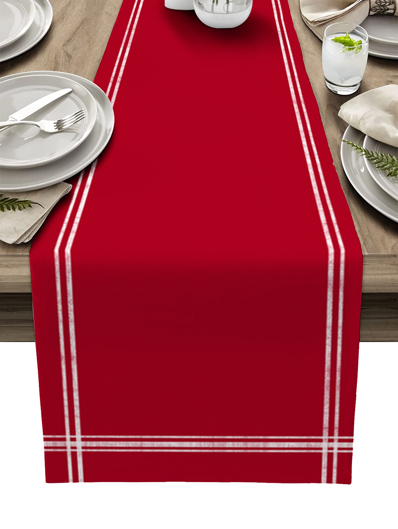 Farmhouse Red Linen Stripe Table Runner - 90 Inch Long Non-Slip Washable Dining Table Decor for Wedding, Party & Holiday Dinner | Perfect for Rustic Home Decor, Coffee Table Setting & Seasonal Celebrations