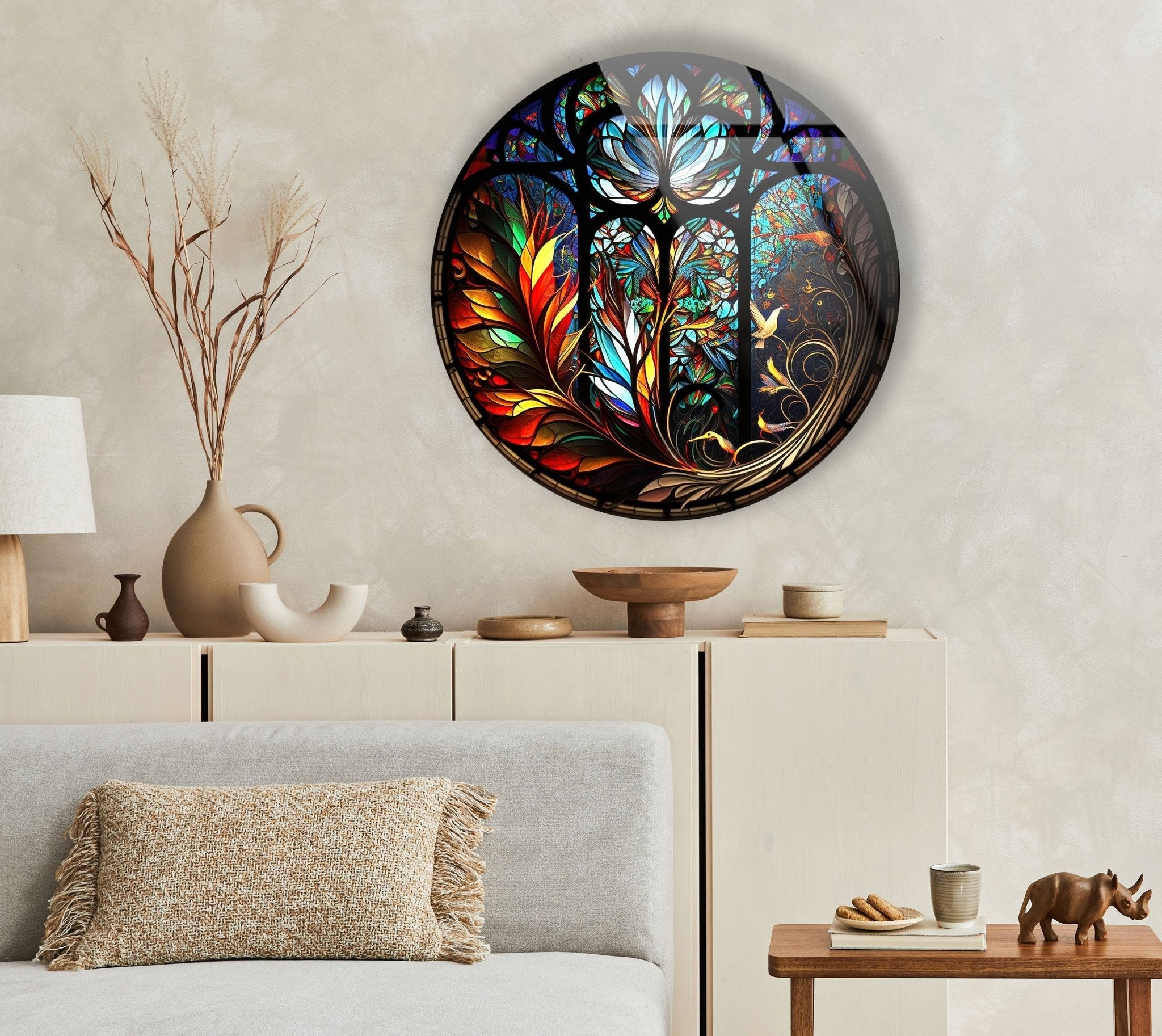 Handcrafted Stained Glass Round Wall Art Decor - Elegant Home & Office Decoration for Living Room, Bedroom, or Entryway