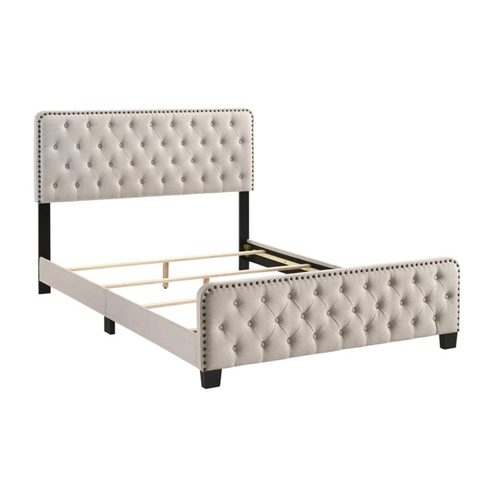 Furniture of America Dexter Beige Button Tufted Queen Upholstered Wood Bed Frame - Elegant Tufted Headboard for Master Bedroom, Guest Room & Home Decor
