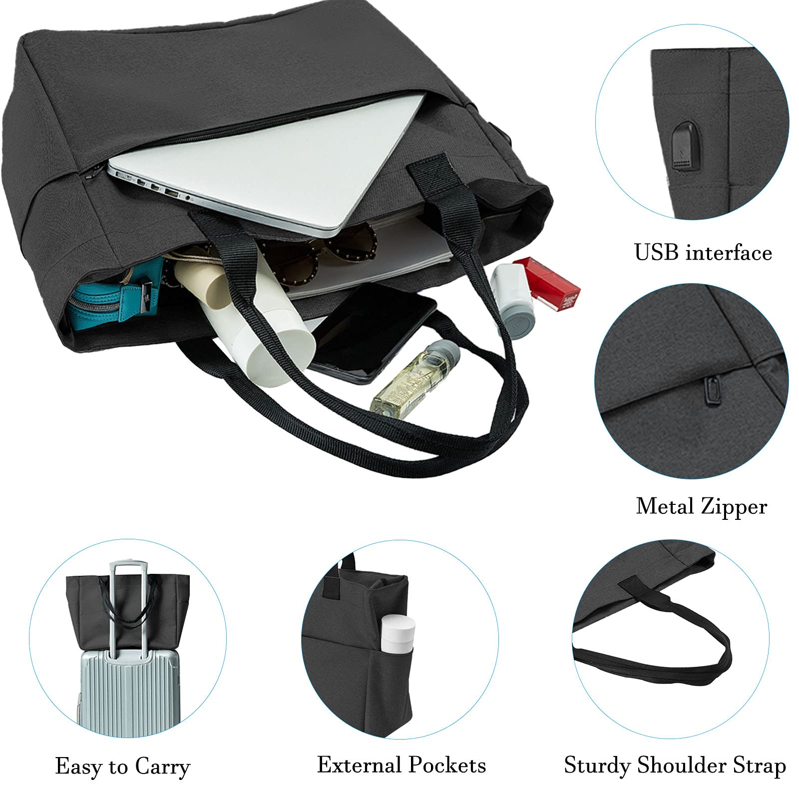 Stylish Large Tote Bag for Women - 15.6-17 Inch Laptop Work Bag with Zipper - Perfect for Nurses, Teachers & Students (Black/Grey) - Great for Work, School & Everyday Use