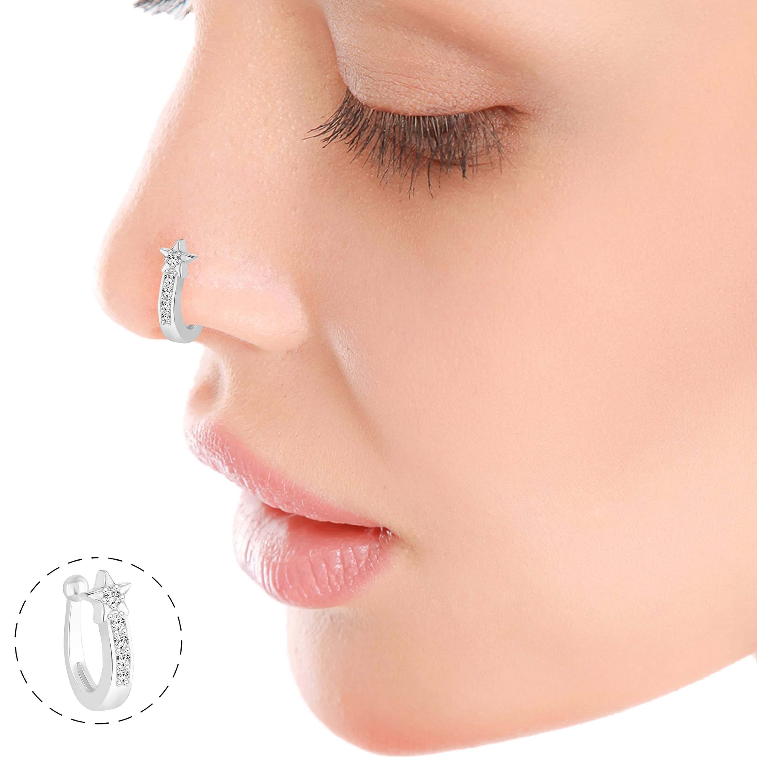 Viavstri Silver Plated Star Shaped CZ Stone Studded Nose Ring for Women & Girls - VIVA1215NTH - Perfect for Parties, Weddings & Festive Occasions