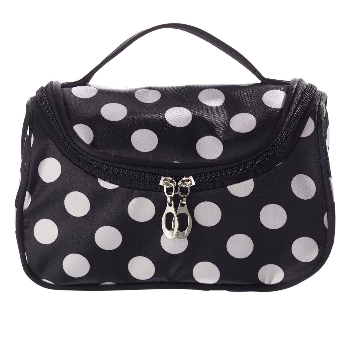 CALLARON Hanging Toiletry Bag for Women - Waterproof Travel Makeup Organizer with Brush Holder, Cosmetic Bag for Girls, Black Dot Design - Perfect for Airplane, Gym, Camping & Weekend Getaways