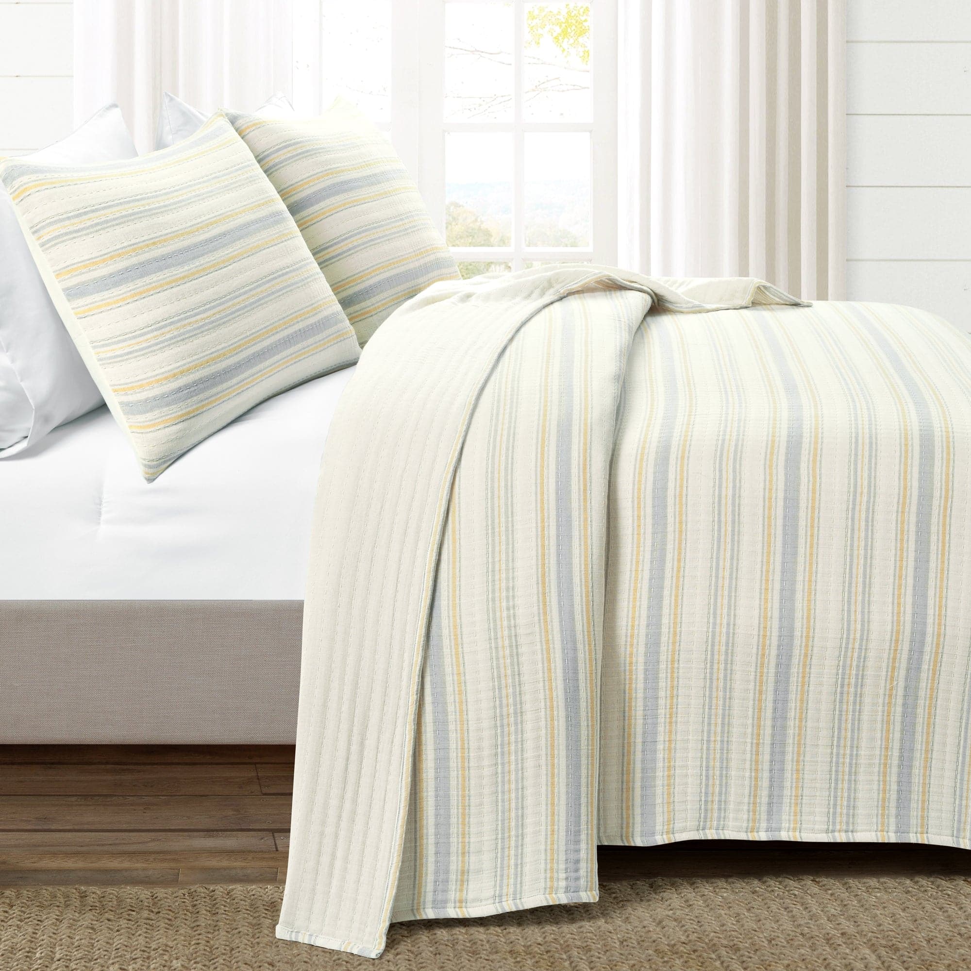 Solange Stripe Kantha Hand-Stitched Yarn-Dyed Cotton Woven Quilt & Coverlet Set - Lightweight Bedspread for Boho Chic Bedroom Decor