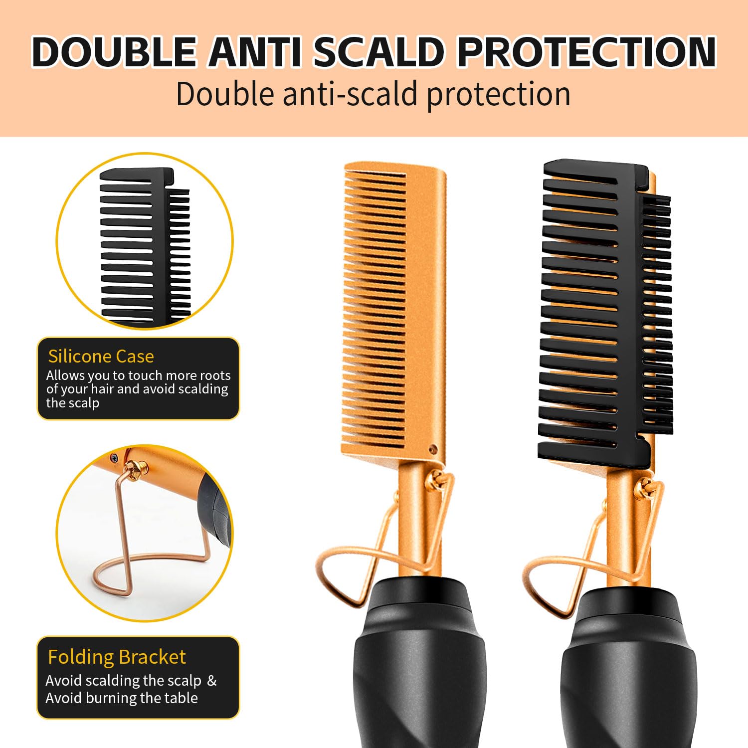 Electric Hot Comb Set for Natural Black Hair & Wigs - Straightener, Curling Iron, Pressing Combs with Wig Glue & Hair Wax Stick - Includes Rat Tail Comb & Salon Clips - Perfect for Home Styling & Professional Salon Use