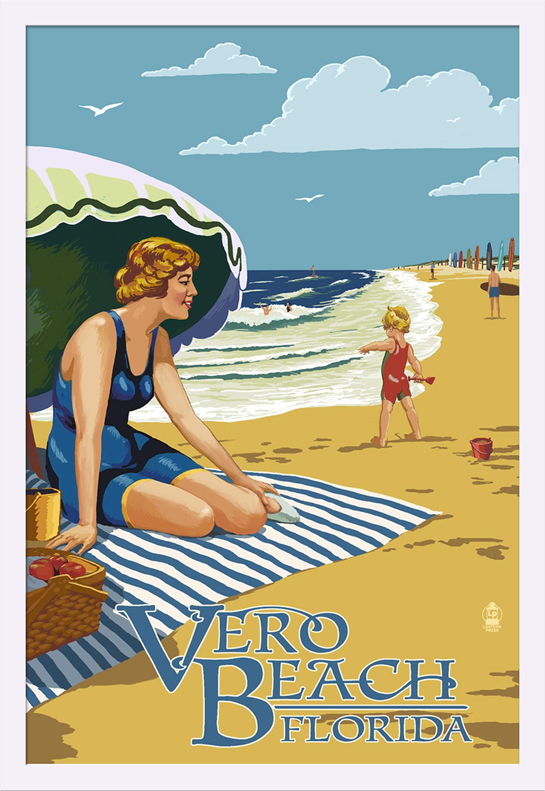 Florida Vero Beach Woman and Ocean Scene - 24x36 Giclee Fine Art Print with Recycled Wood Frame in White | Coastal Home Decor, Living Room Wall Art, Beach House Decoration