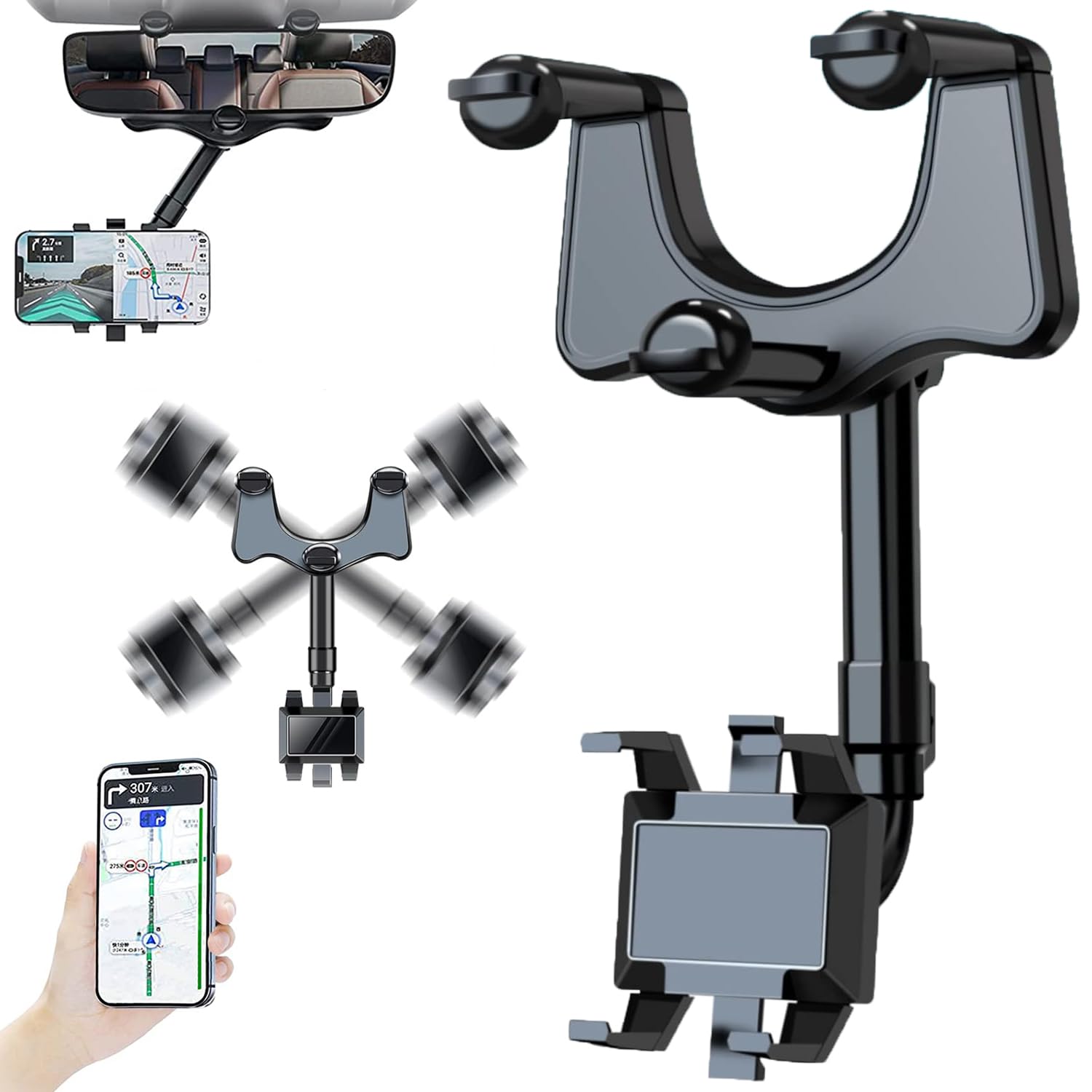 Elemenix 360° Rotatable & Retractable Car Phone Mount Holder - Adjustable GPS Phone Stand for Dashboard & Rearview Mirror | Perfect for Hands-Free Navigation, Driving Safety & Road Trips