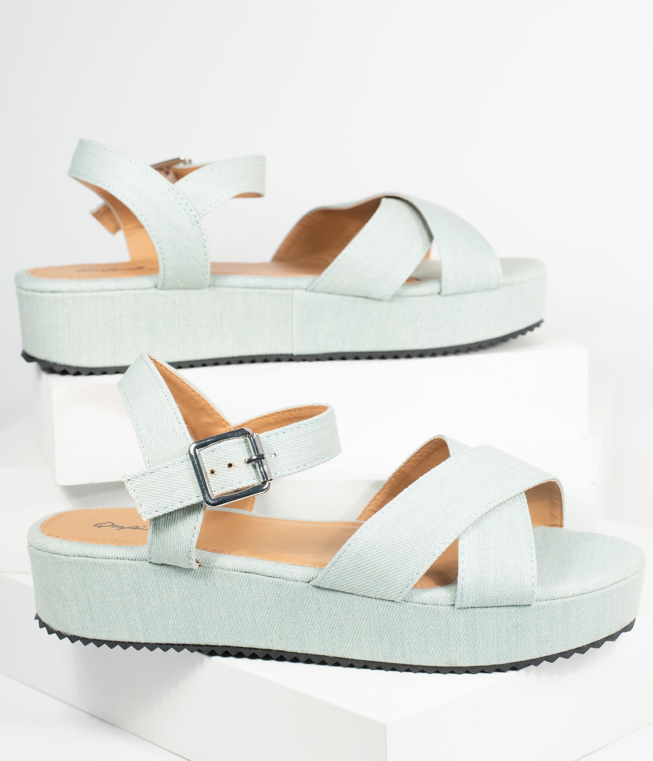 Pale Blue Denim Cross Strap Platform Keliko Sandals for Women - Comfortable Summer Beach Wedge Shoes | Perfect for Casual Outings, Vacations and Boho Fashion Styles