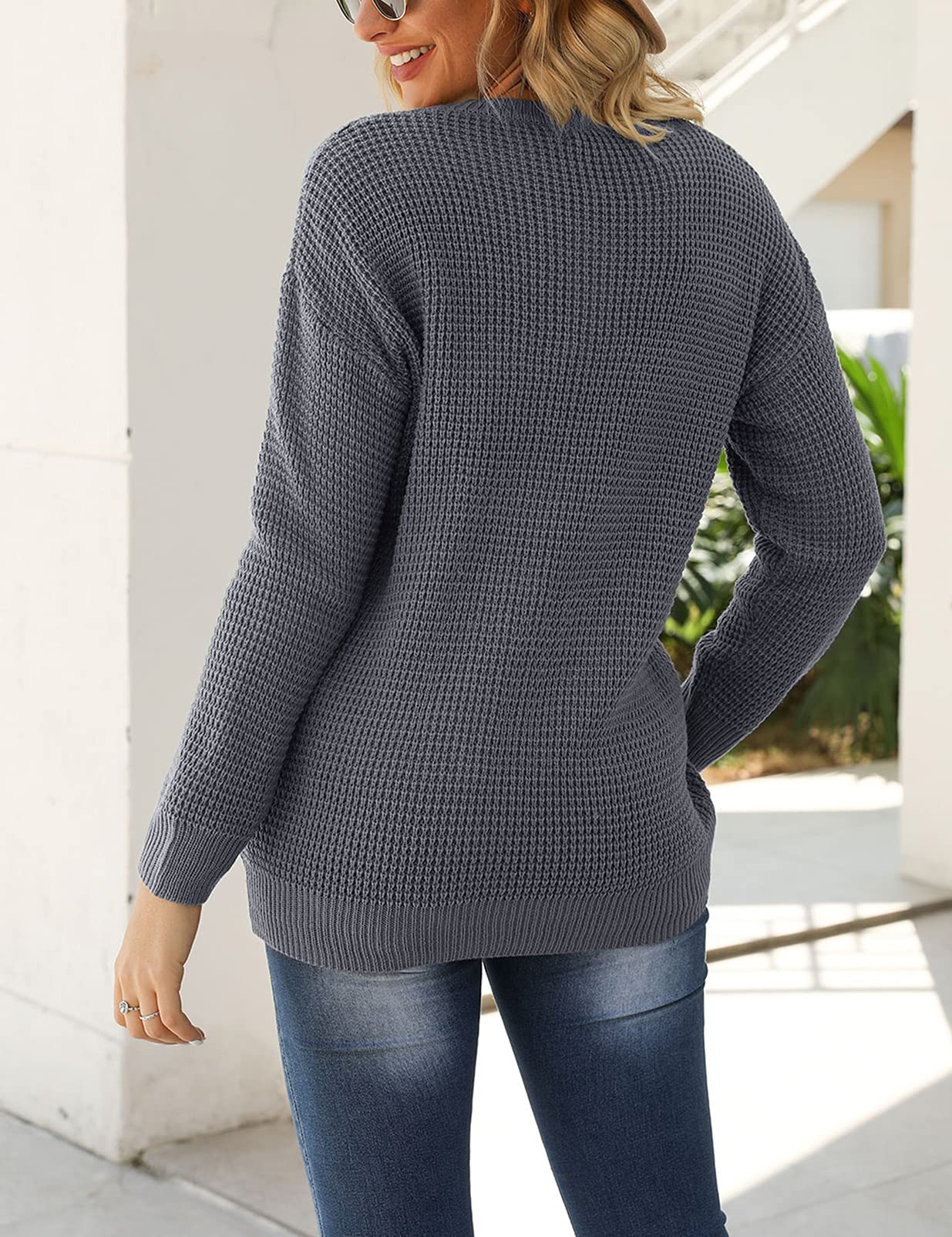 MEROKEETY Women's Long Sleeve Waffle Knit Sweater - Crew Neck Solid Color Pullover Jumper Tops for Fall Winter 2024 | Cozy Casual Wear for Office, Dating & Weekend Outfits