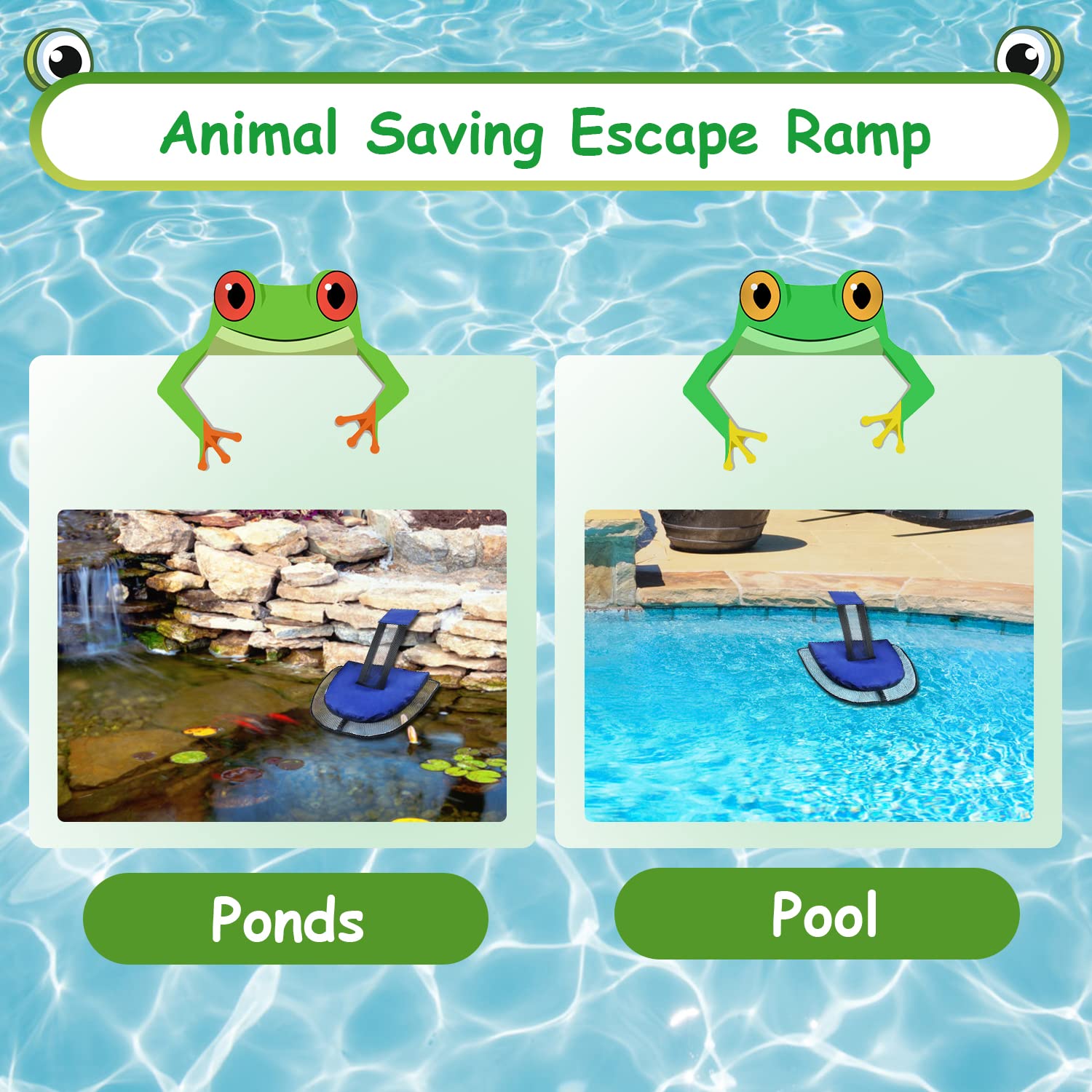 2 Pack Animal Saving Escape Ramp for Pools and Spas - Frog & Small Animal Rescue Floating Ramp with Inflator (Blue) - Perfect for Backyard Pools, Hot Tubs & Outdoor Water Safety