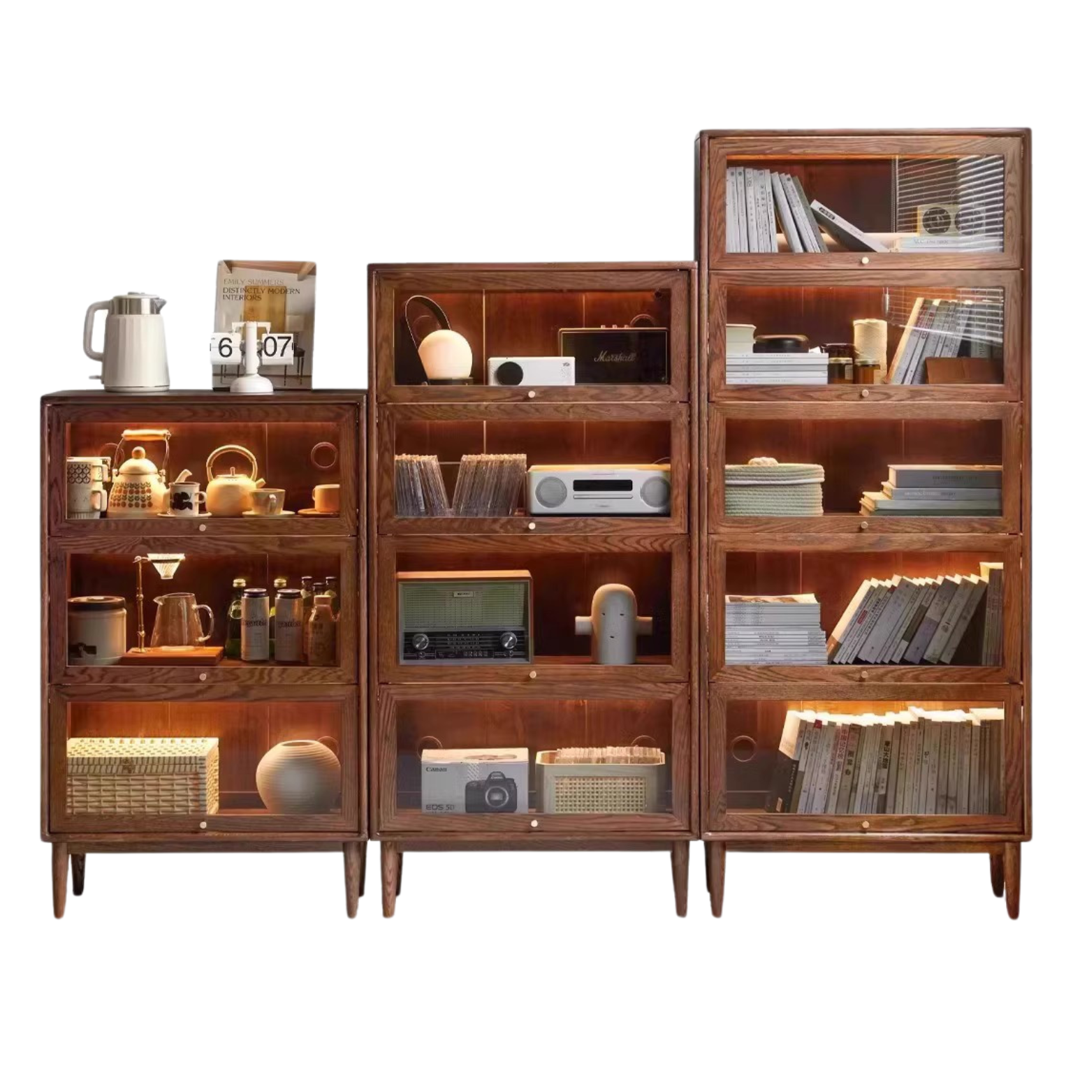 88.6x12.6x70.9 inch / 225x32x180 сm / Walnut color / Oak Glass door bookcase large + medium + small