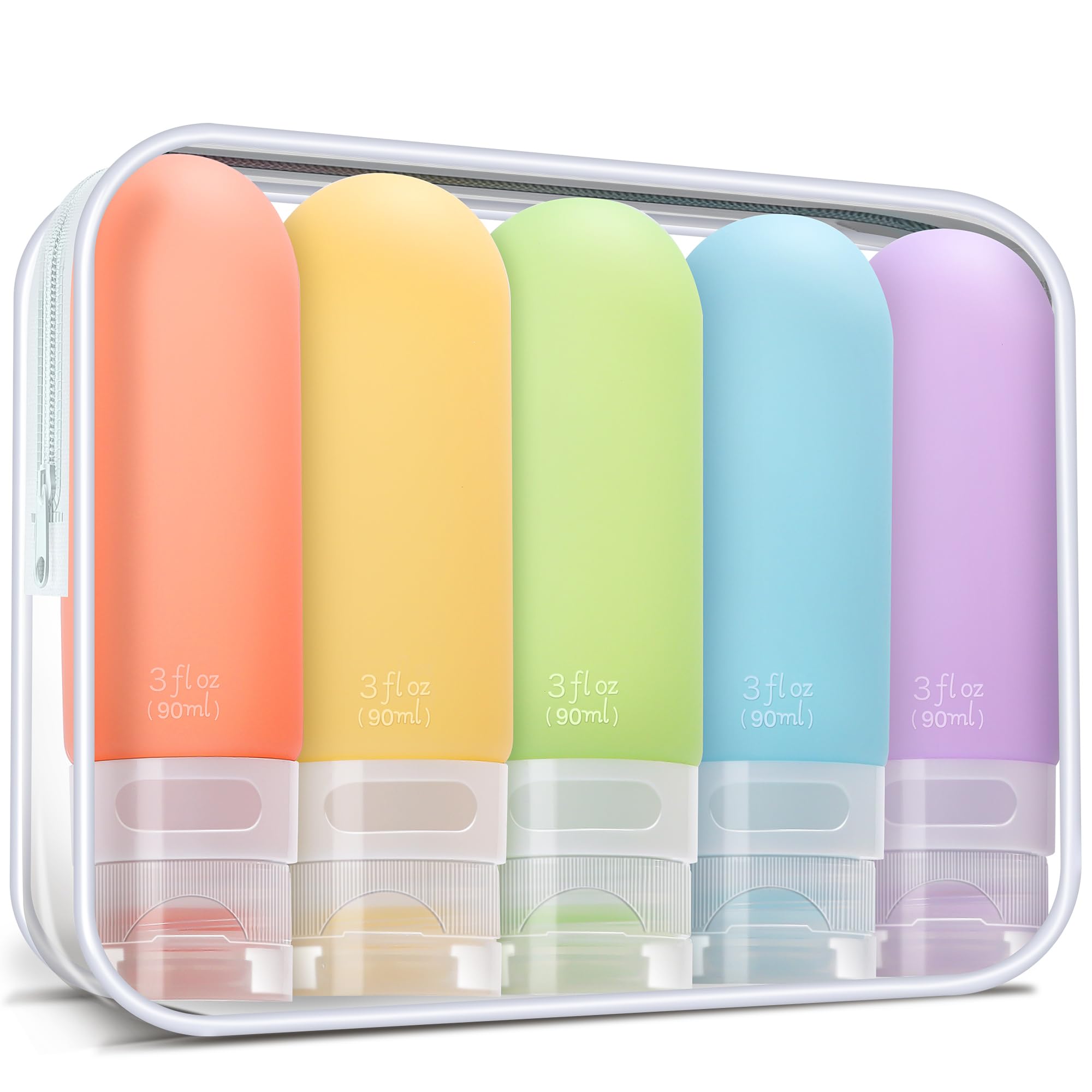 5 Pack TSA Approved 3oz Leak Proof Travel Bottles for Toiletries - Squeezable Silicone Containers for Shampoo, Conditioner & Cosmetics | Perfect for Air Travel, Gym & Vacation Essentials (White)