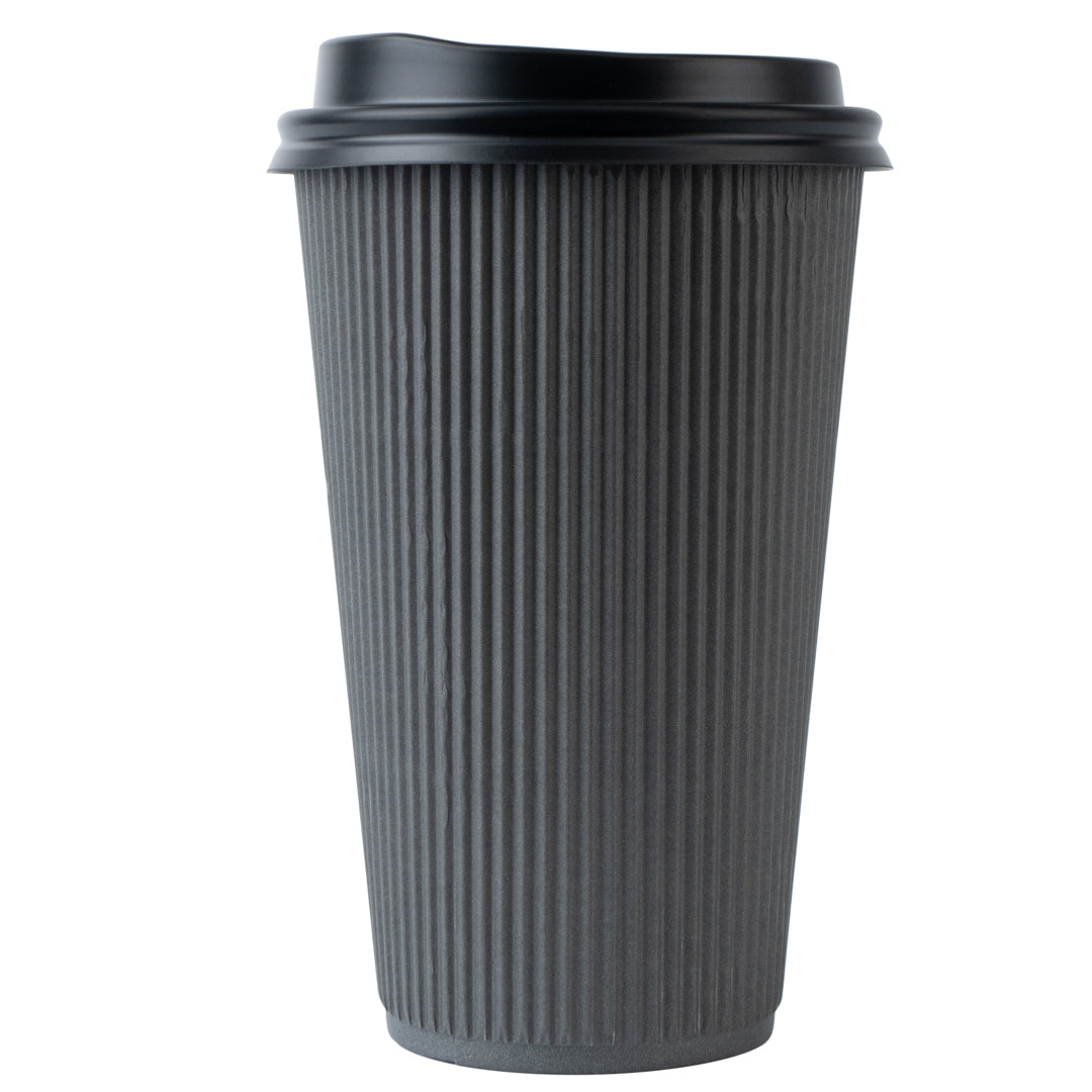 16 oz Gray Ripple Wall Paper Coffee Cups with Black Lids - 20 Count Box (3.5