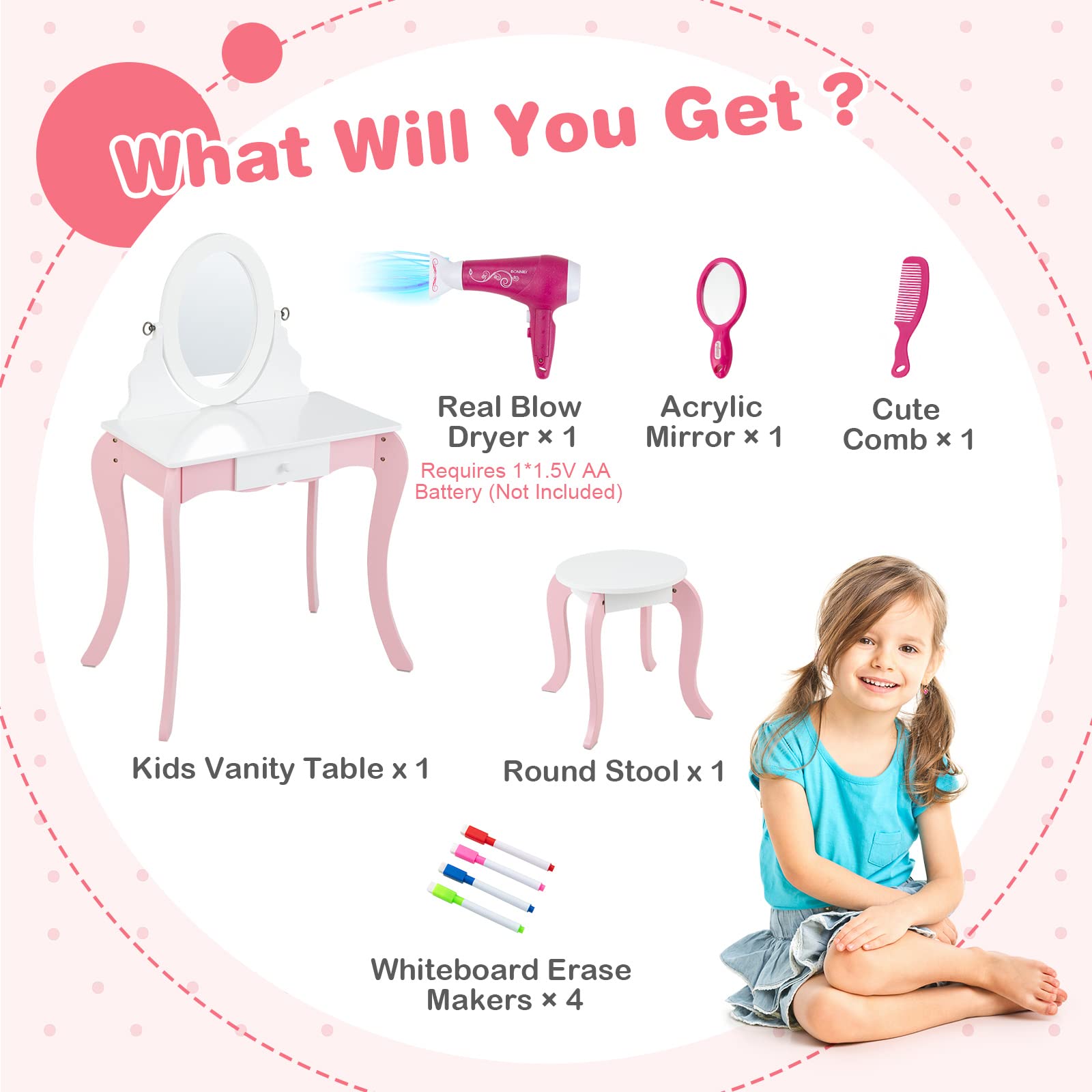 HONEY JOY 3-in-1 Wooden Princess Vanity Set with Stool, Double-Sided Mirror & Whiteboard - Kids Makeup Dressing Table with Fashion Accessories Drawer for Pretend Play | Perfect Birthday Gift for Little Girls' Bedroom or Playroom