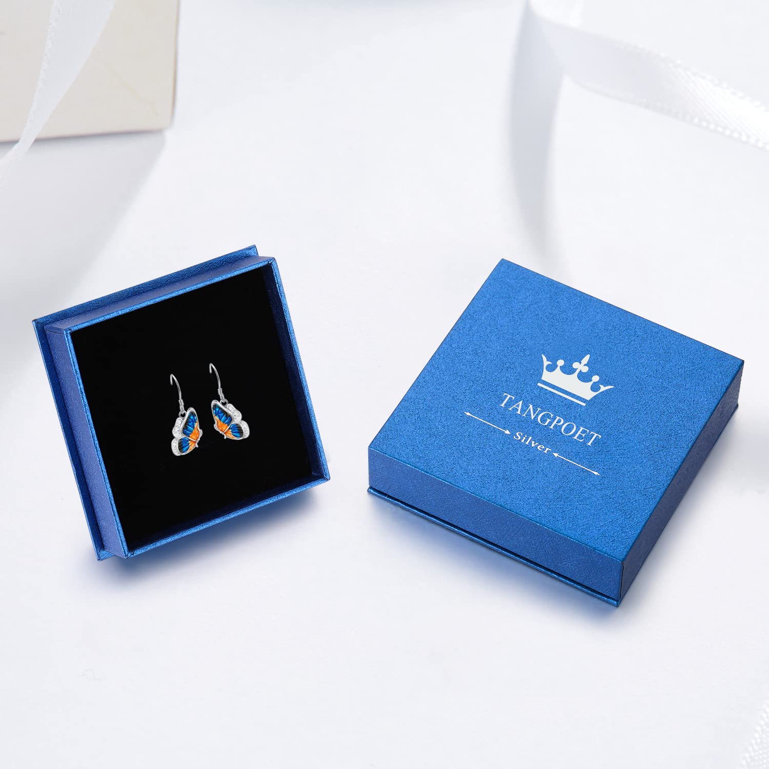 TANGPOET Sterling Silver Blue Butterfly Dangle Drop Earrings for Women - Hypoallergenic Hook Earrings for Sensitive Ears | Perfect for Parties, Weddings & Everyday Wear