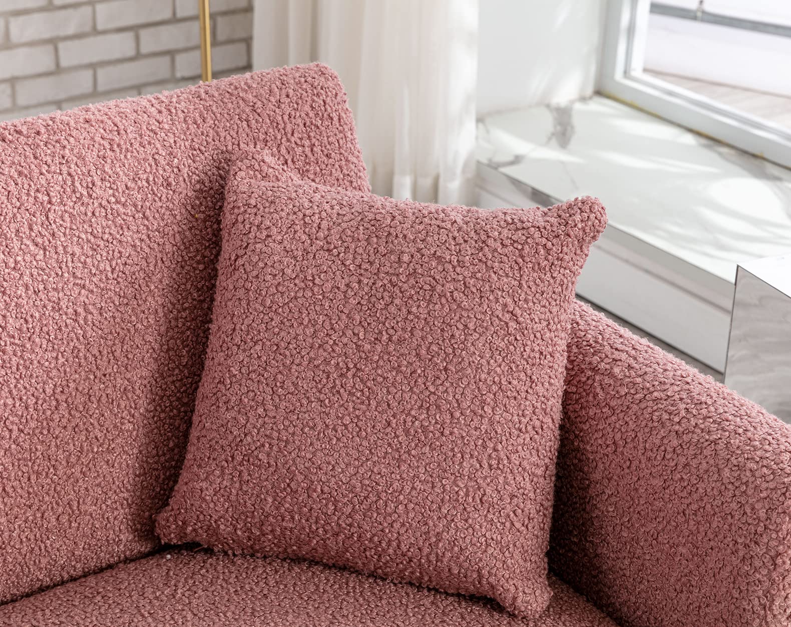 Antetek Convertible Futon Sofa Bed - 3 Adjustable Positions, Modern Upholstered Loveseat Sleeper with 2 Decorative Pillows & 5 Metal Tapered Legs in Soft Brush Pink Teddy Fabric - Perfect for Small Apartments, Guest Rooms, and Cozy Living Spaces