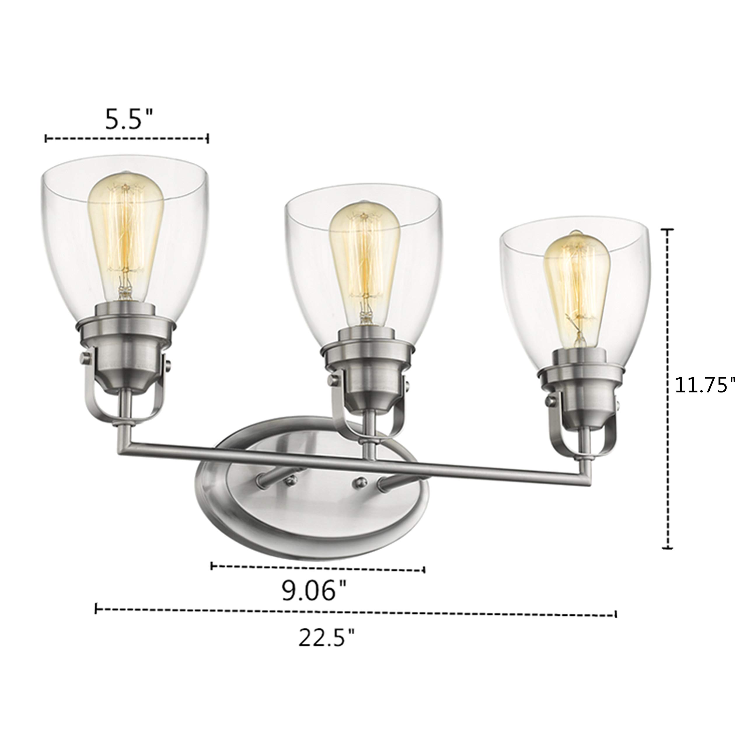Modern 3-Light Brushed Nickel Bathroom Vanity Light with Clear Glass Shade - 23 Inch Wide - Perfect for Bathroom, Powder Room, and Dressing Area Lighting