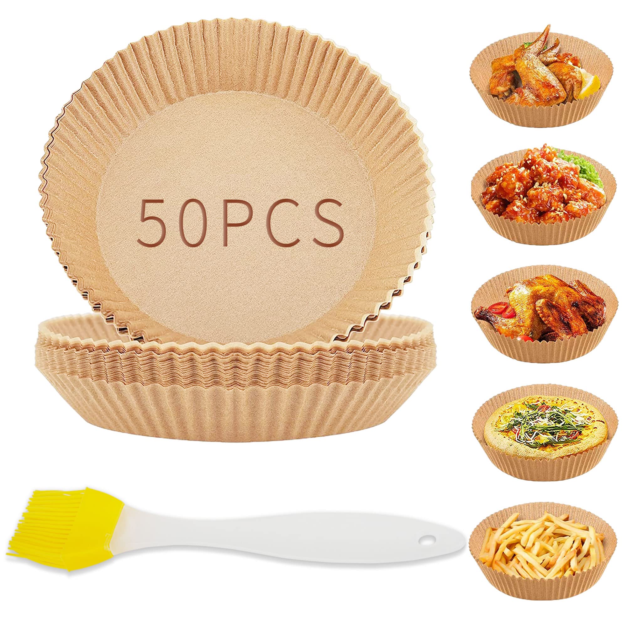 50 PCS Non-Stick Air Fryer Liners - Disposable Waterproof Oilproof Parchment Baking Paper (6.3 Inch) with Brush - Perfect for Healthy Cooking, Meal Prep & Easy Cleanup