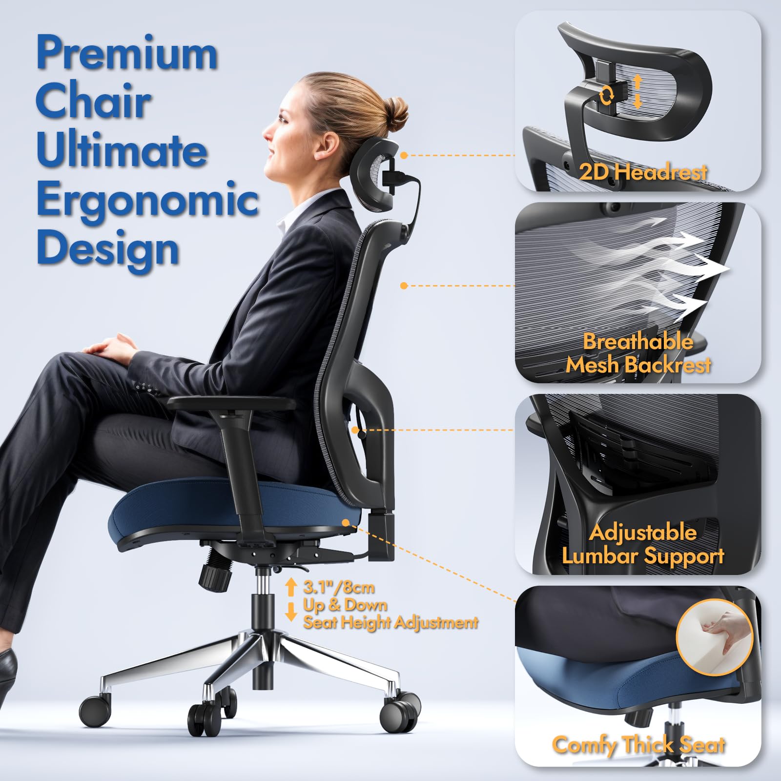 Ergonomic Home Office Chair with Lumbar Support - Adjustable Height, Headrest & Armrest - Thick Cushion Computer Desk Chair for Back Pain Relief (Swivel) - Perfect for Remote Work, Gaming & Long Study Sessions