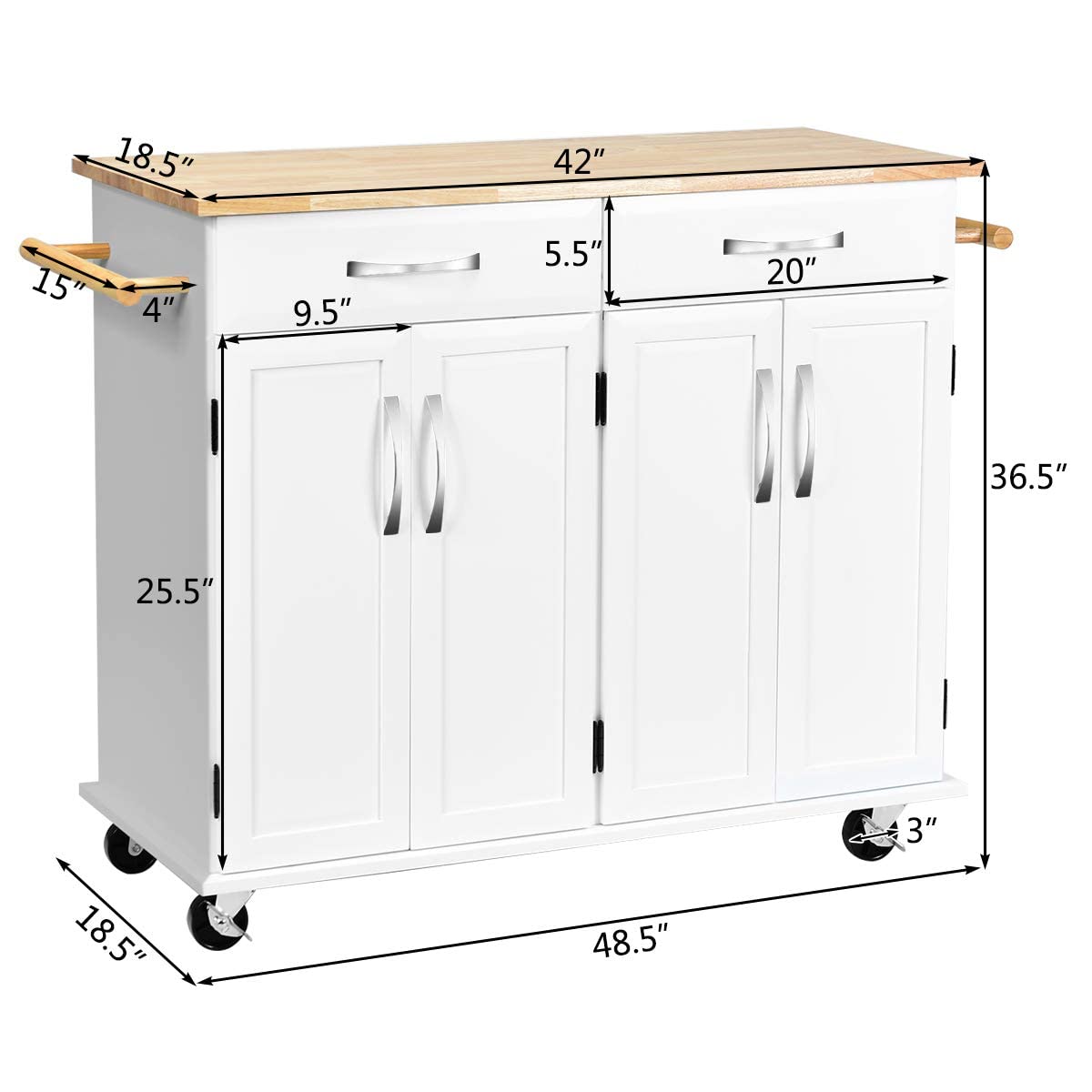 Casart White Kitchen Island Cart with Wood Top, 2 Drawers & Cabinets, Lockable Wheels - Mobile Kitchen Storage for Small Spaces, Dining Room, or Pantry Organization