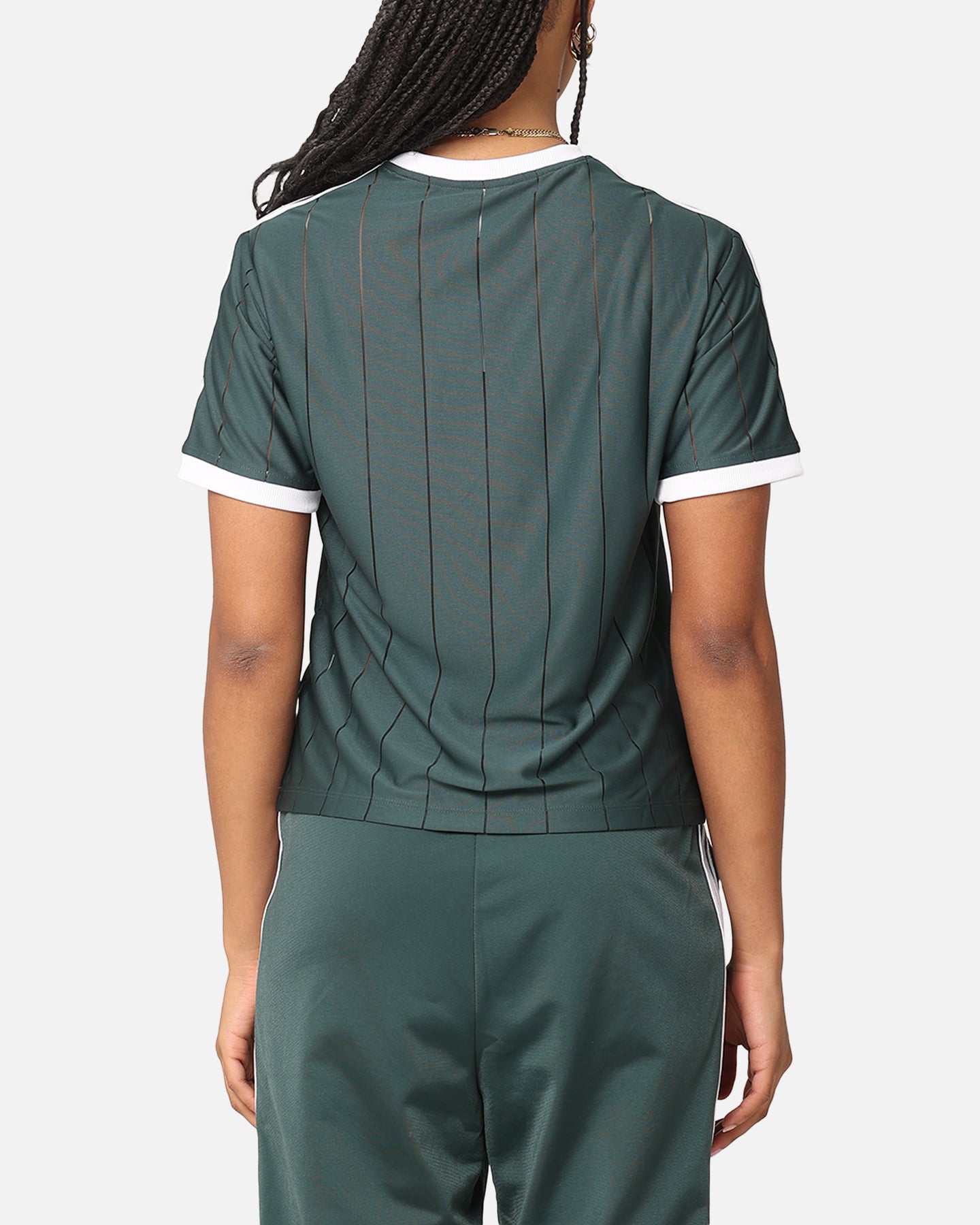 Adidas Women's 3 Stripes Pinstripe T-Shirt - Mineral Green Athletic Top for Running, Gym & Casual Wear