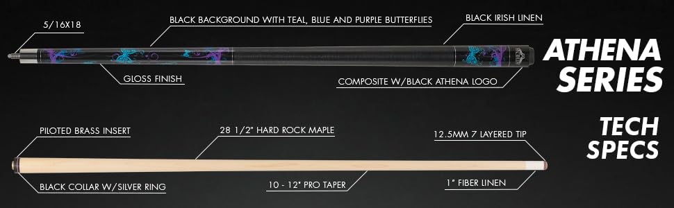 Athena ATH44 Teal and Purple Butterflies Pool Cue Stick - Professional Billiards Accessory for Pool Halls, Game Rooms & Home Recreation