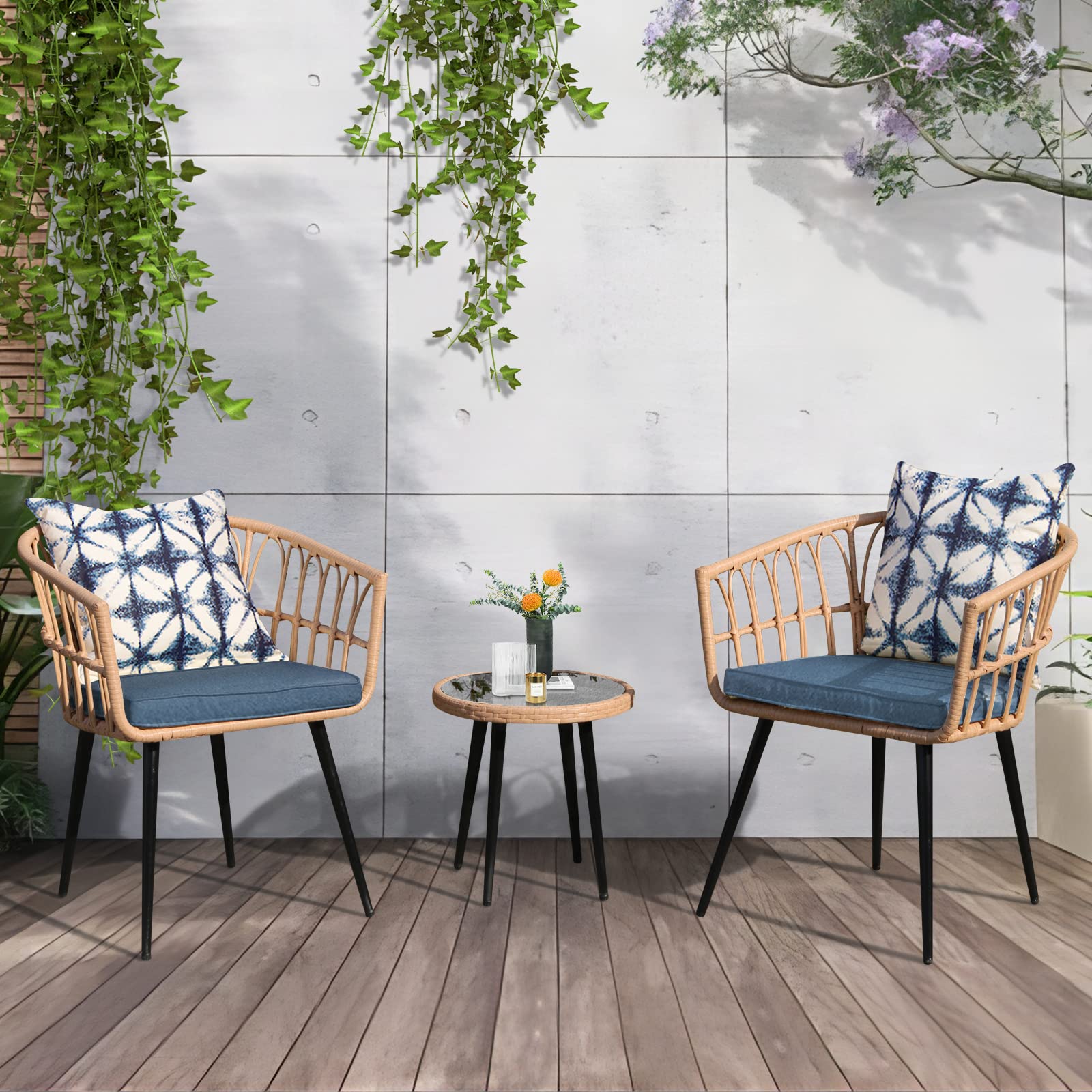 SoarFlash 3-Piece Outdoor Wicker Bistro Set with Coffee Table - Rattan Patio Furniture for Garden, Backyard, Balcony & Poolside (Blue) | Perfect for Relaxing, Entertaining Guests & Enjoying Morning Coffee