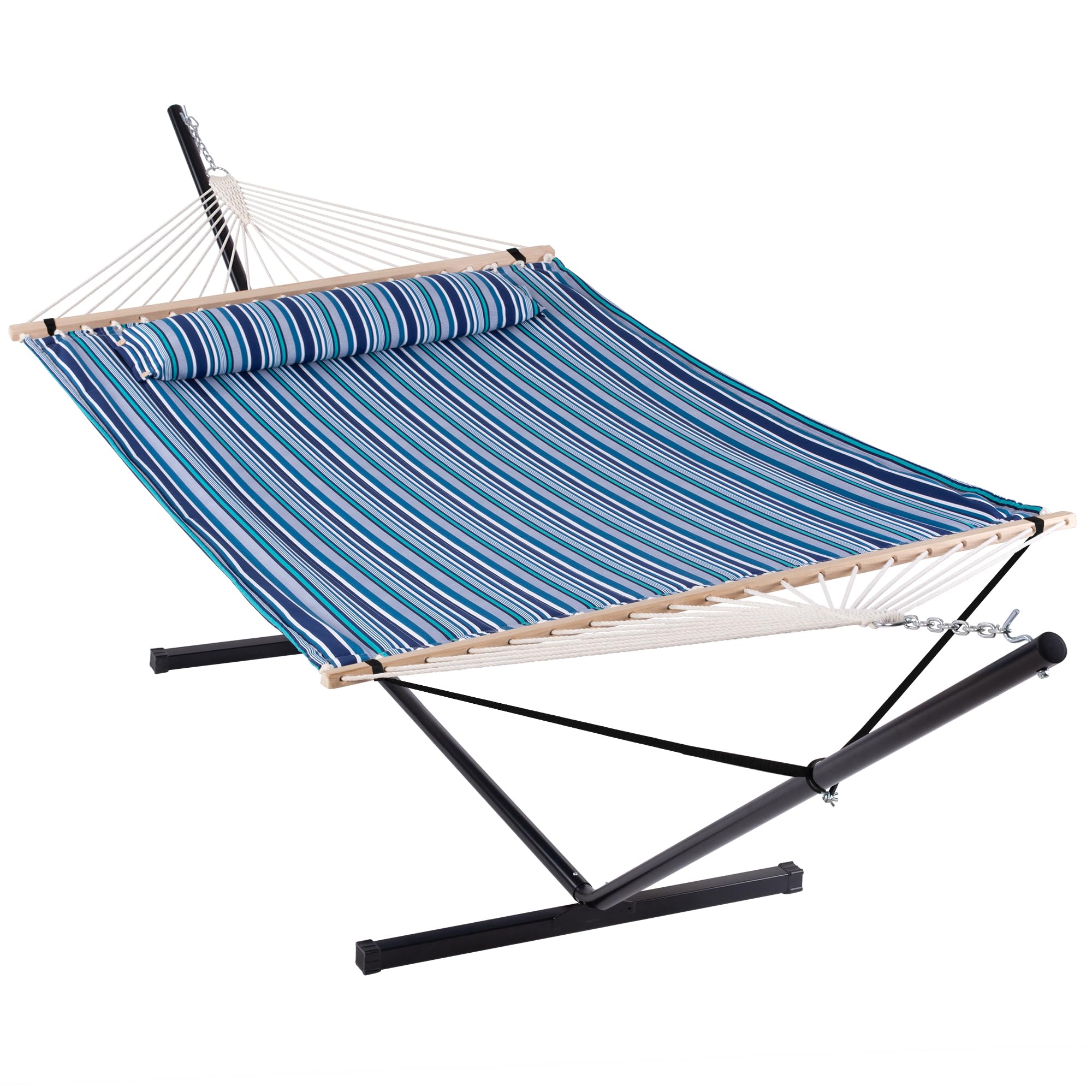 ANOW Double Hammock with Stand 12FT - Heavy Duty Outdoor Hammock Set with 450 LBS Capacity - Blue Striped Hammock for Backyard, Camping & Beach Relaxation