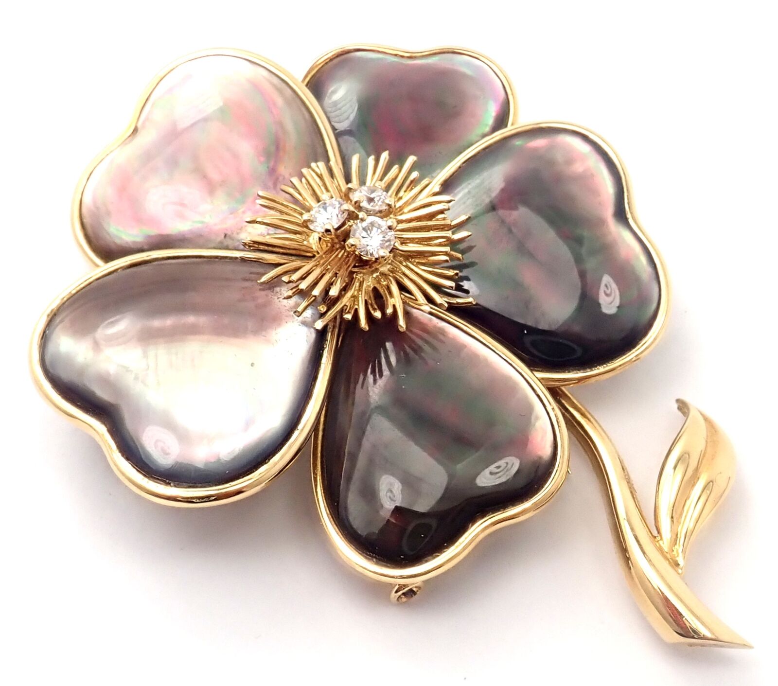 Van Cleef & Arpels Clématite 18k Yellow Gold Diamond & Gray Mother of Pearl Brooch Pin - Luxury Jewelry Gift for Women, Perfect for Weddings & Special Occasions