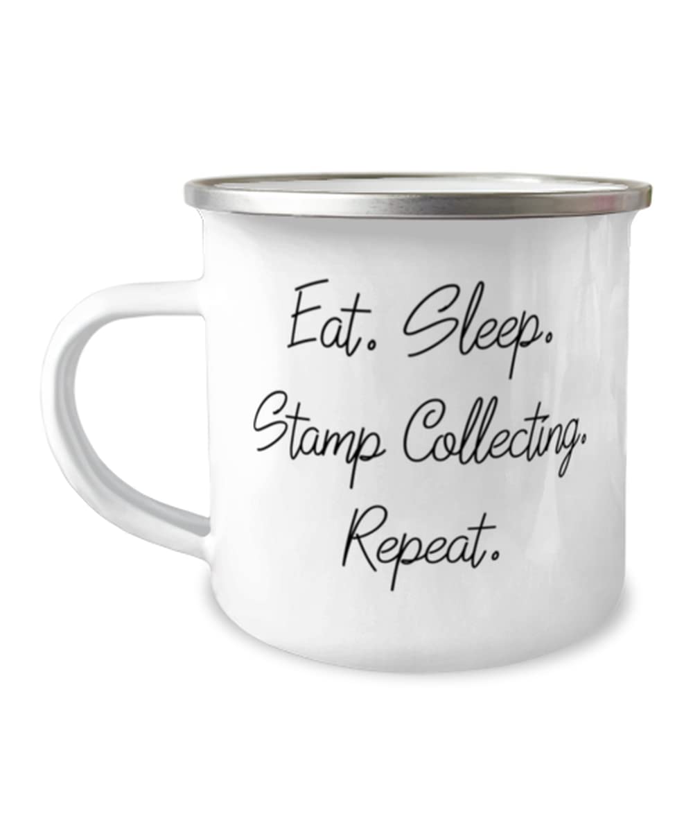 Premium Stamp Collecting Gifts - 12oz Insulated Camping Mug for Stamp Enthusiasts | Perfect for Coffee, Tea & Outdoor Adventures - Eat. Sleep. Stamp Collecting. Repeat
