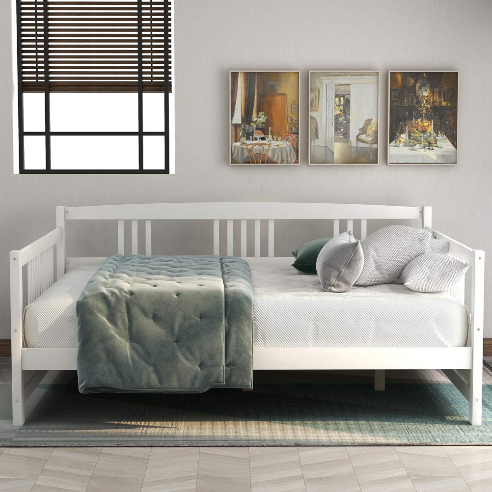 **White Wood Daybed for Kids & Adults - Full Size Sofa Bed Frame with Wood Slats - Sturdy Platform for Bedroom, Living Room, Guest Room**