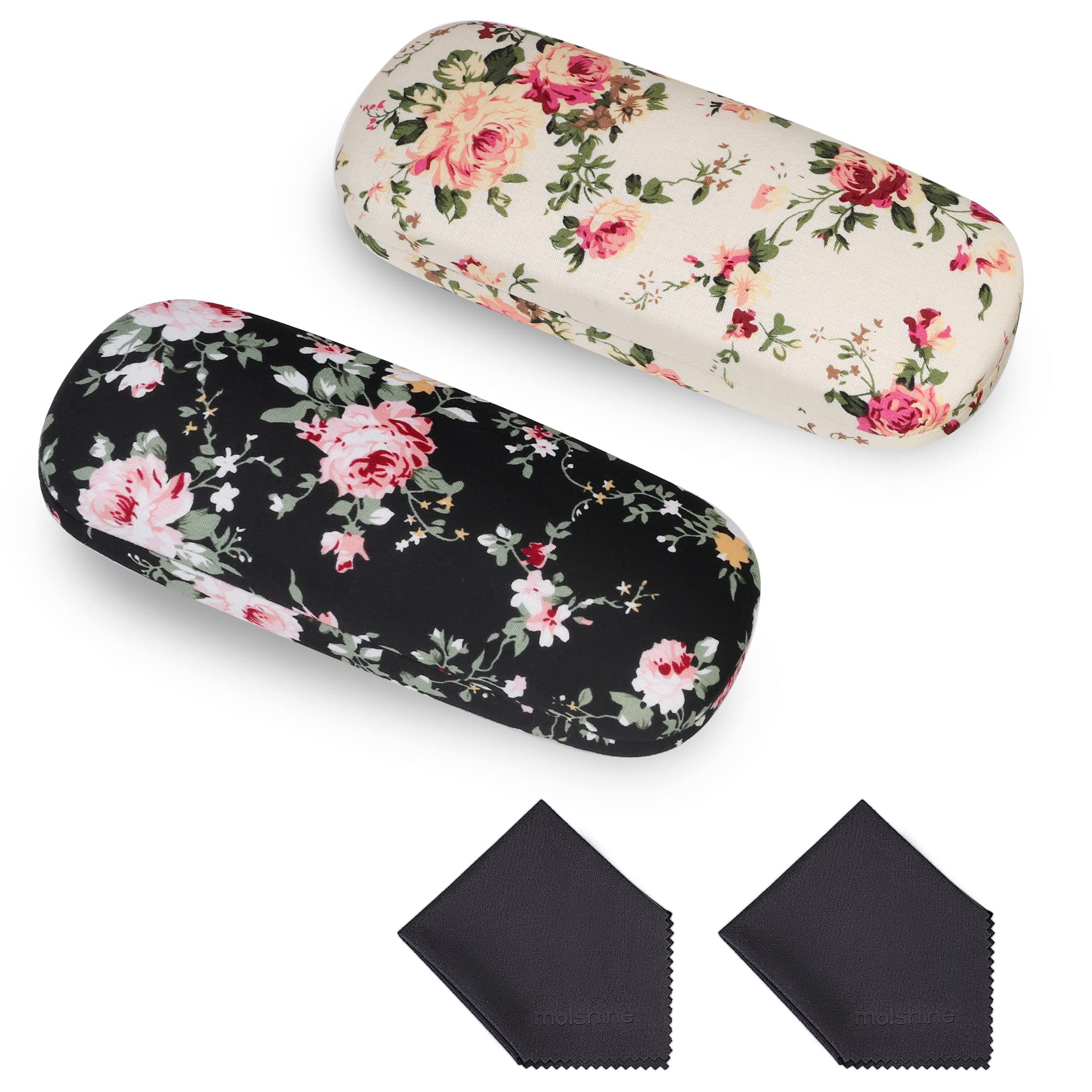 MOLSHINE 2 Pack Hard Shell Floral Glasses Case - Portable Eyeglass Holder for Reading Glasses & Small Sunglasses - Perfect for Travel, Office, and Daily Use
