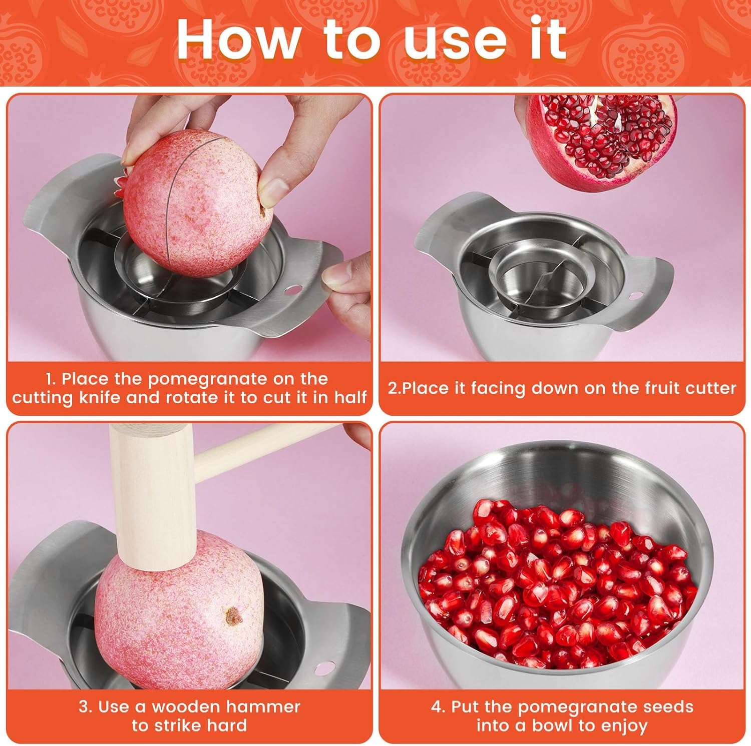 Premium Stainless Steel Pomegranate Deseeder & Peeling Tool Set with Bowl & Wooden Hammer - Efficient Pomegranate Aril Removal for Smoothies, Salads & Healthy Snacks - Kitchen Gadget for Fruit Lovers (1 Set)