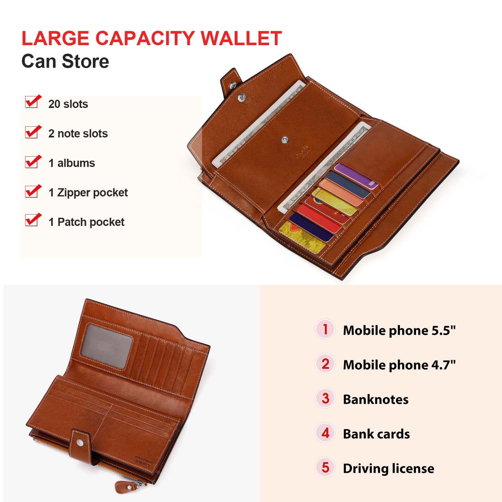 Genuine Leather Women's Wallet with RFID Blocking - Large Capacity Wristlet Clutch Purse & Credit Card Holder for Everyday Use, Travel, and Shopping
