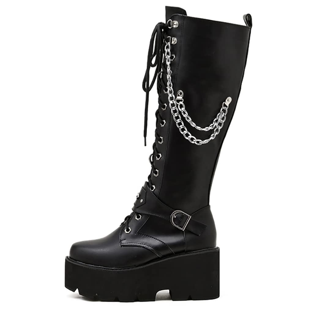 Gothic Knee High Platform Boots for Women - Chunky Heel Punk Combat Boots with Buckle & Chain Lace Up Design | Perfect for Halloween, Cosplay, and Alternative Fashion Outfits