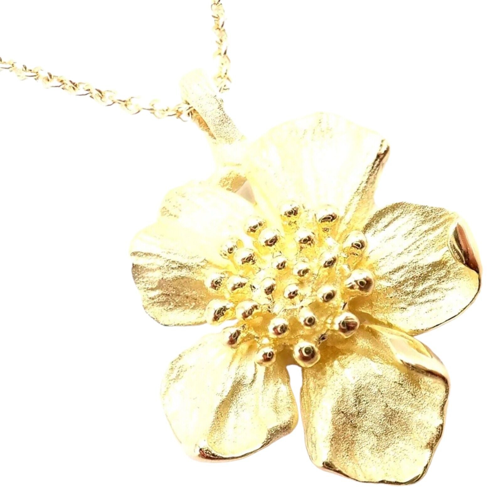 Authentic Vintage Tiffany & Co 18K Yellow Gold Dogwood Flower Pendant Necklace - Perfect for Anniversary Gifts, Valentine's Day & Special Occasions