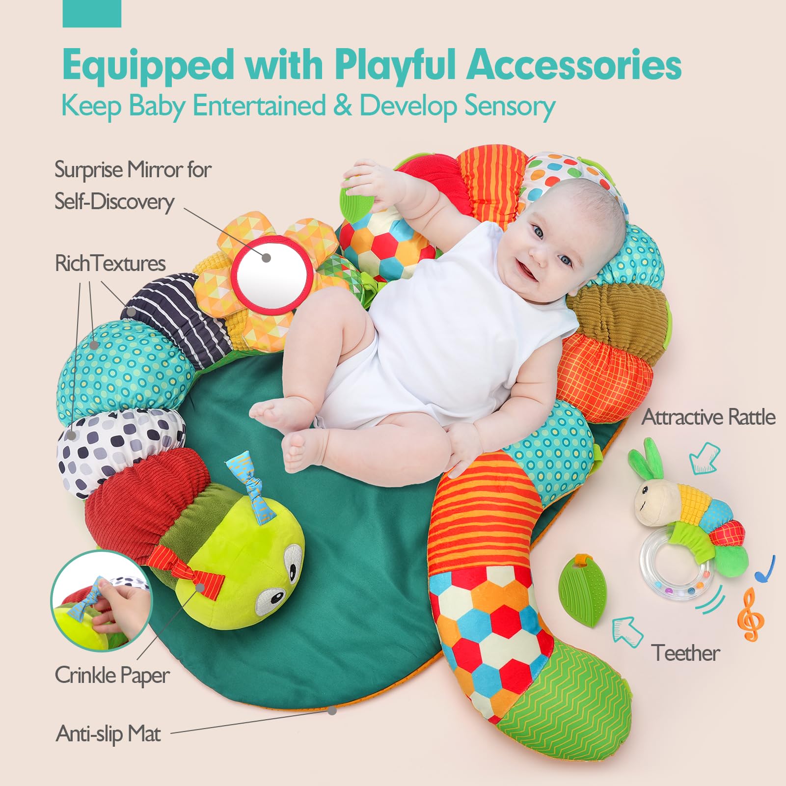 3-in-1 Caterpillar Baby Activity Playmat - Tummy Time & Seated Support Toy for Newborns 0-6 Months | Sensory Developmental Toys for Infants | Perfect Baby Shower Gift & Birthday Present for Boys & Girls | Great for Nursery Playtime & Early Learning Activities