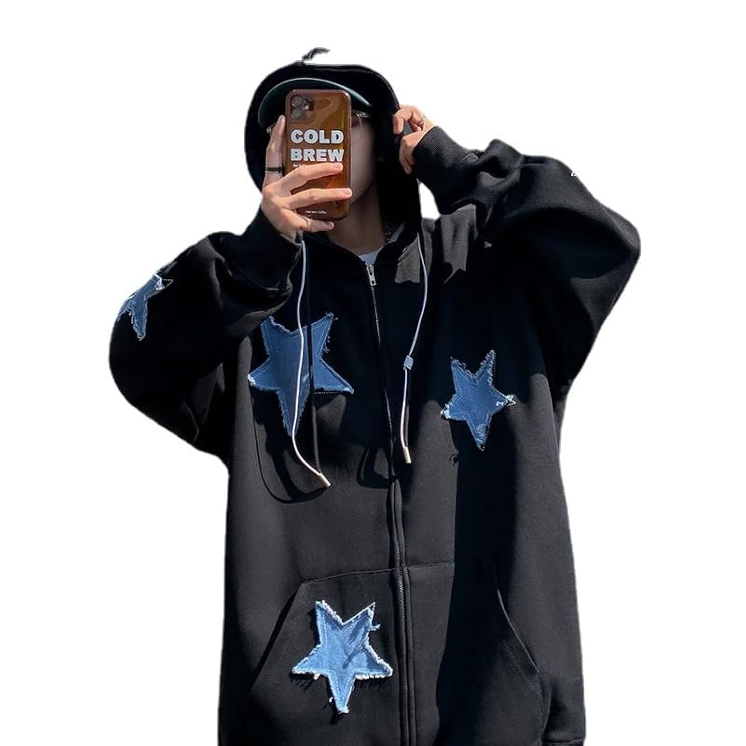 Y2K Oversized Star Patch Zip-Up Hoodie for Men & Women - Graphic Streetwear Sweatshirt Jacket | Perfect for Casual Wear, Street Fashion & Retro Style Outfits