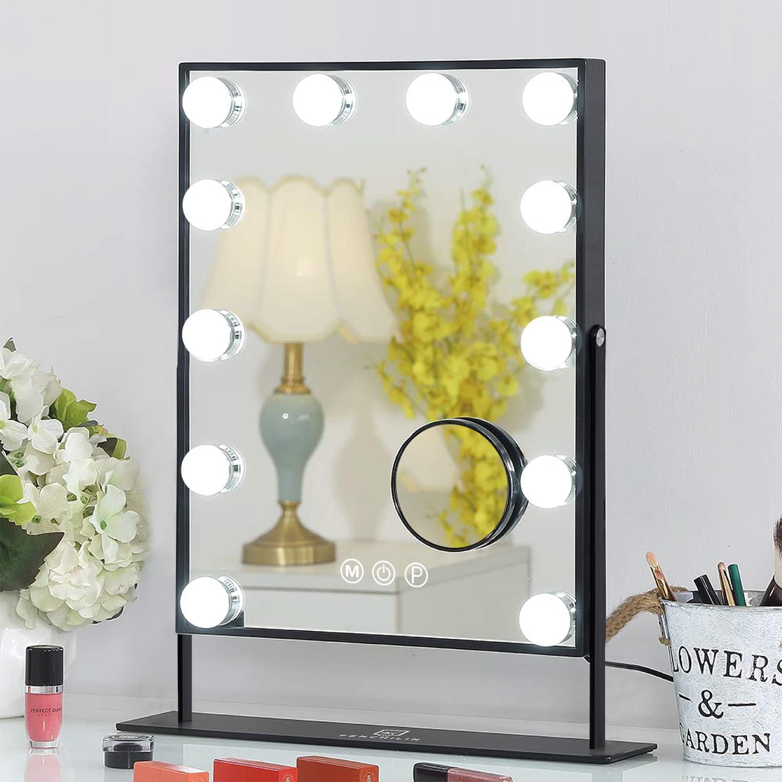 FENCHILIN Hollywood Vanity Mirror with LED Lights - Smart Touch Control, 3-Color Dimmable Lighting, 10X Magnification & 360° Rotation - Detachable Black Makeup Mirror for Professional Makeup Application & Home Beauty Station