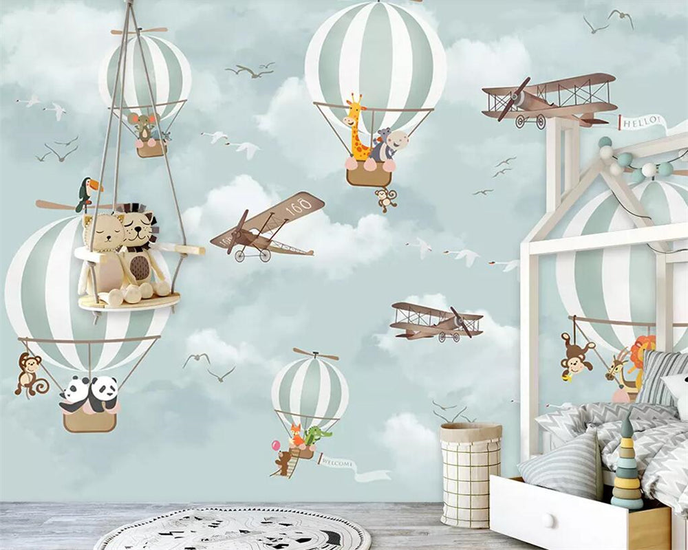 Animals Flying on Hot Air Balloons Sky Nursery Wallpaper - Adorable Baby Room Decor for Boys & Girls