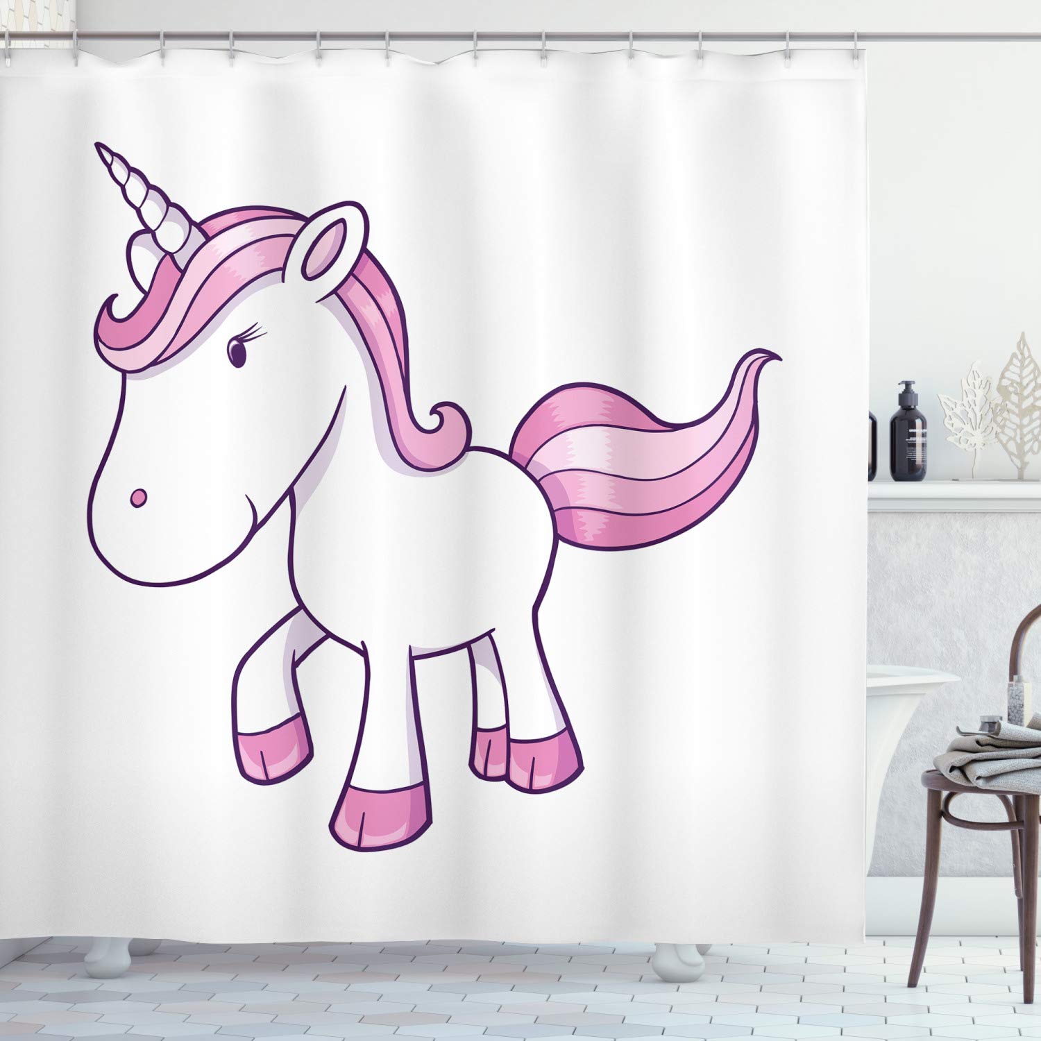 Ambesonne Unicorn Party Shower Curtain - Whimsical Animal Art Magic Horse Design, 69x84 Inch White & Pink Fabric Bathroom Decor with Hooks | Perfect for Kids' Bathroom, Fantasy Themed Parties & Unique Gift Ideas