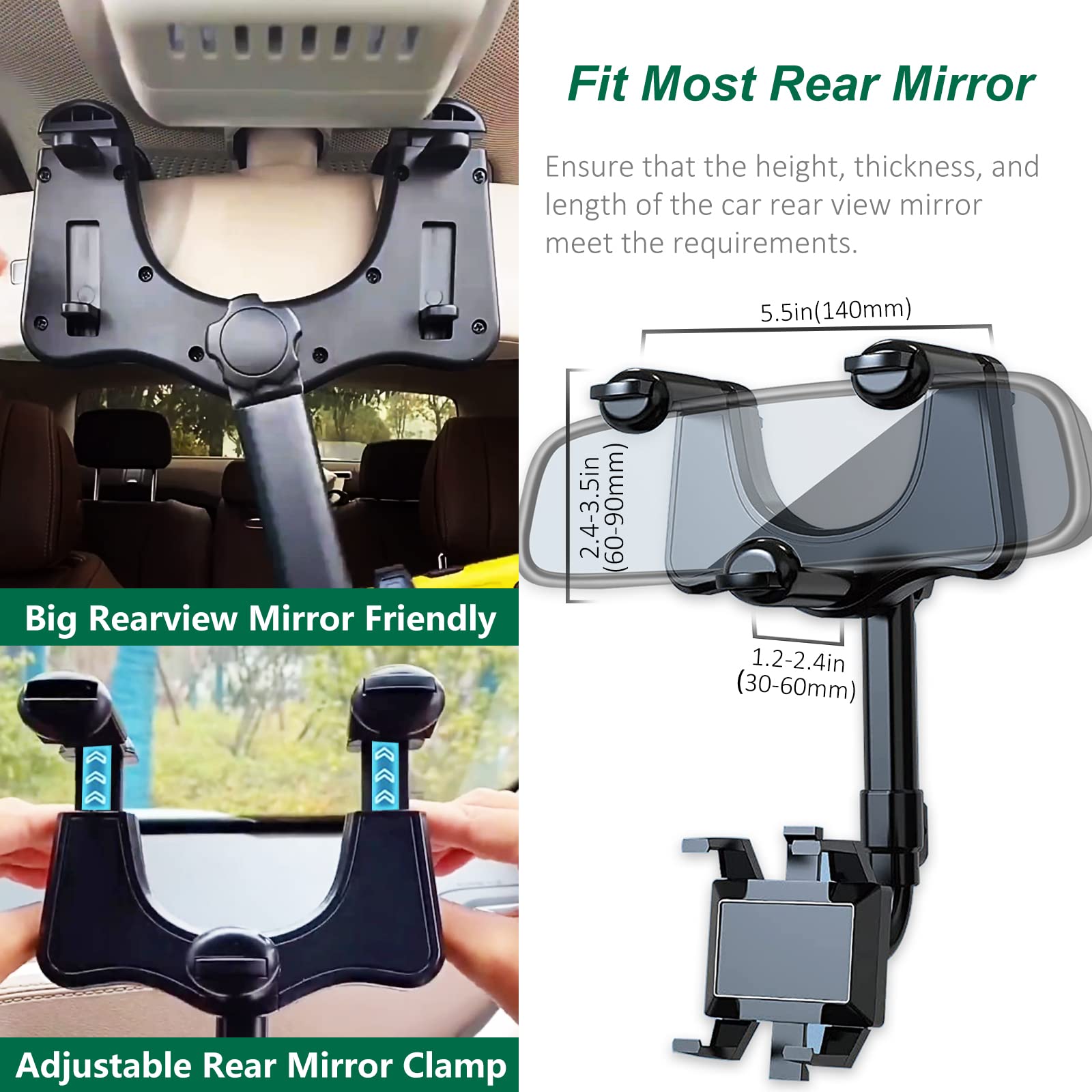 PKYAA 360° Rotating Car Phone Holder for Rearview Mirror - Adjustable Arm Length, Universal Mount Compatible with All Smartphones & GPS Devices - Perfect for Hands-Free Navigation, Rideshare Driving & Road Trips