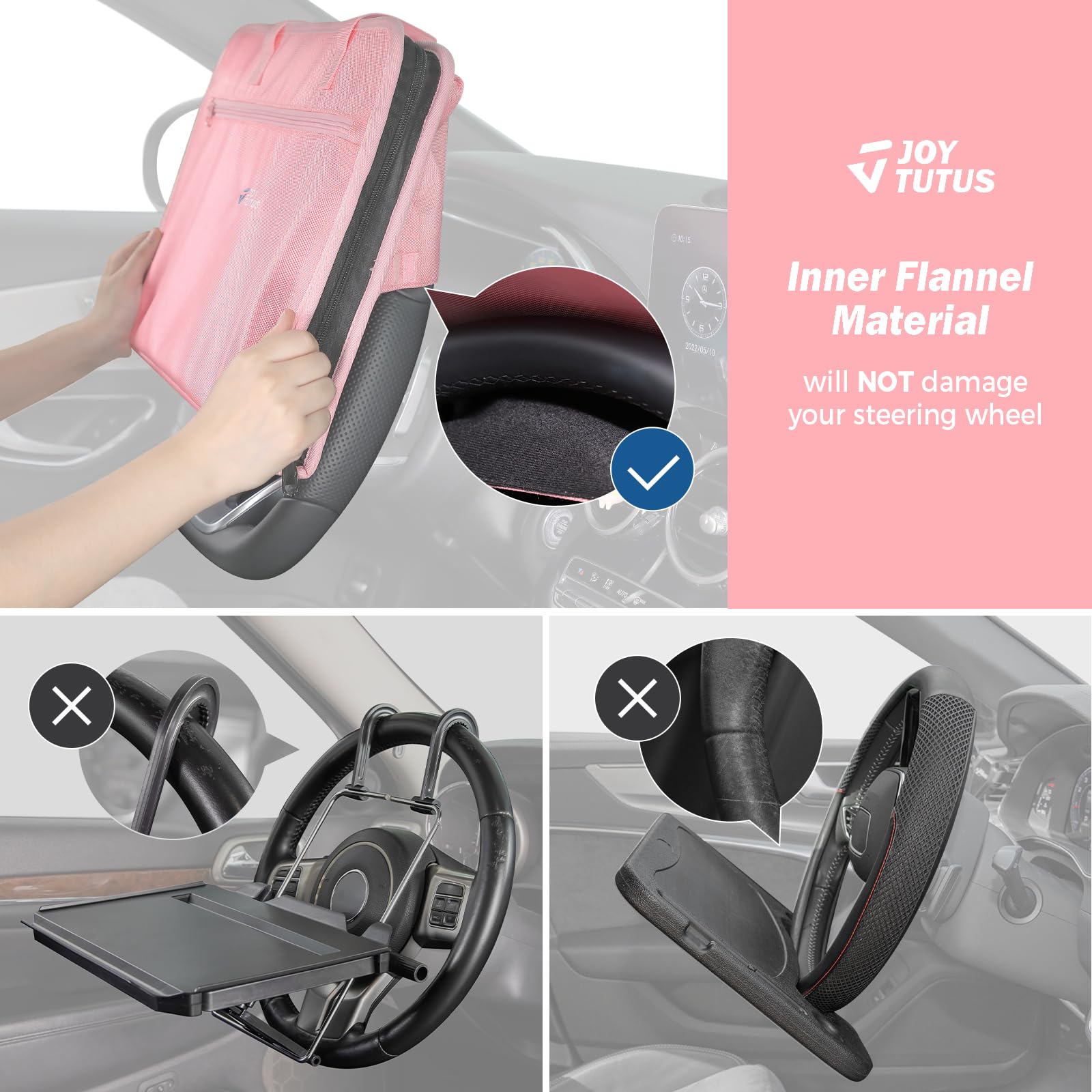 JOYTUTUS 3-in-1 Car Steering Wheel Tray - Pink Multifunctional Car Desk for Eating, Working & Organizing | Portable Laptop Table for Backseat, Kids & Commuters | Perfect for Road Trips, Office Work & Family Travel